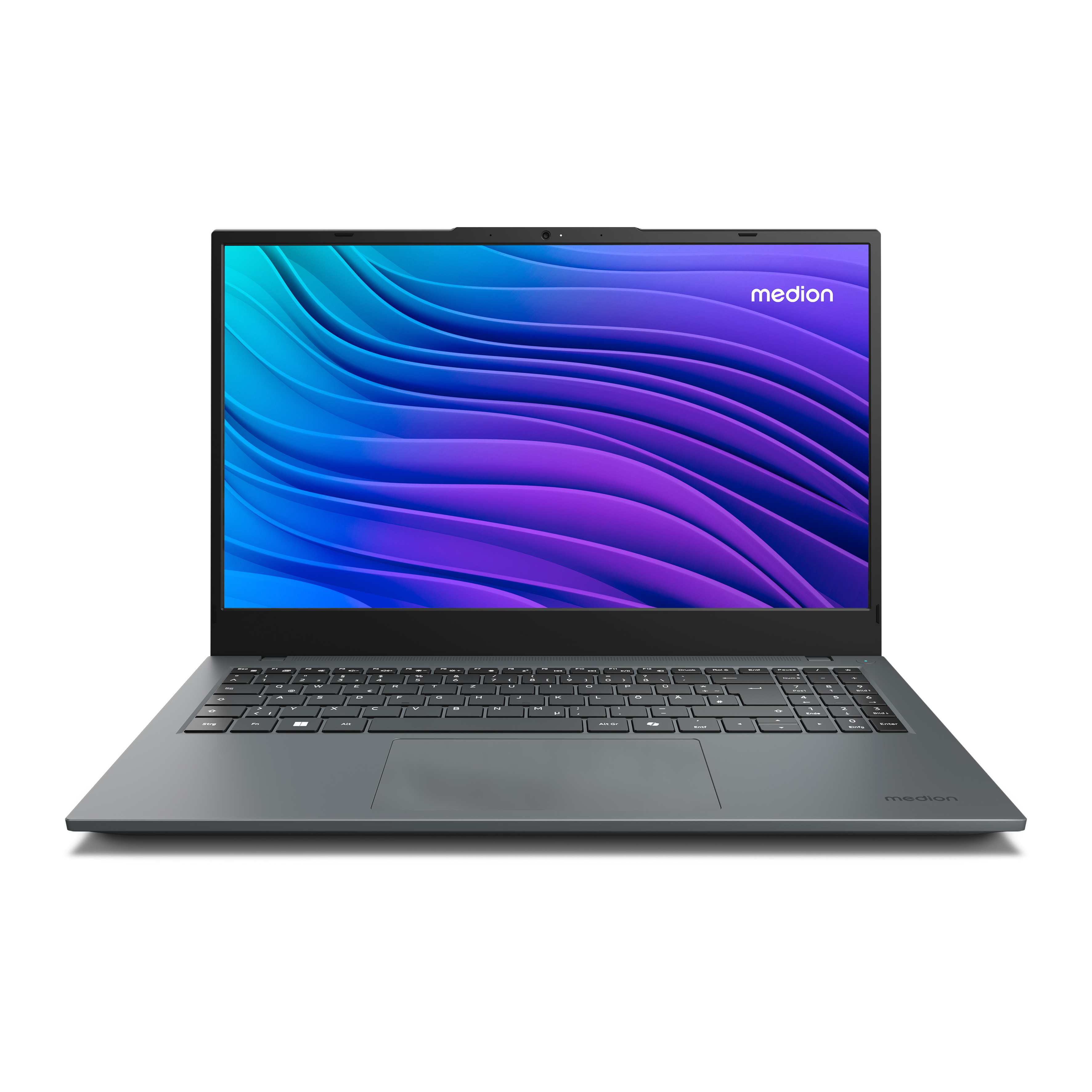 Ein Laptop auf weißer Oberfläche, Bildschirm zeigt farbenfrohes Bild.