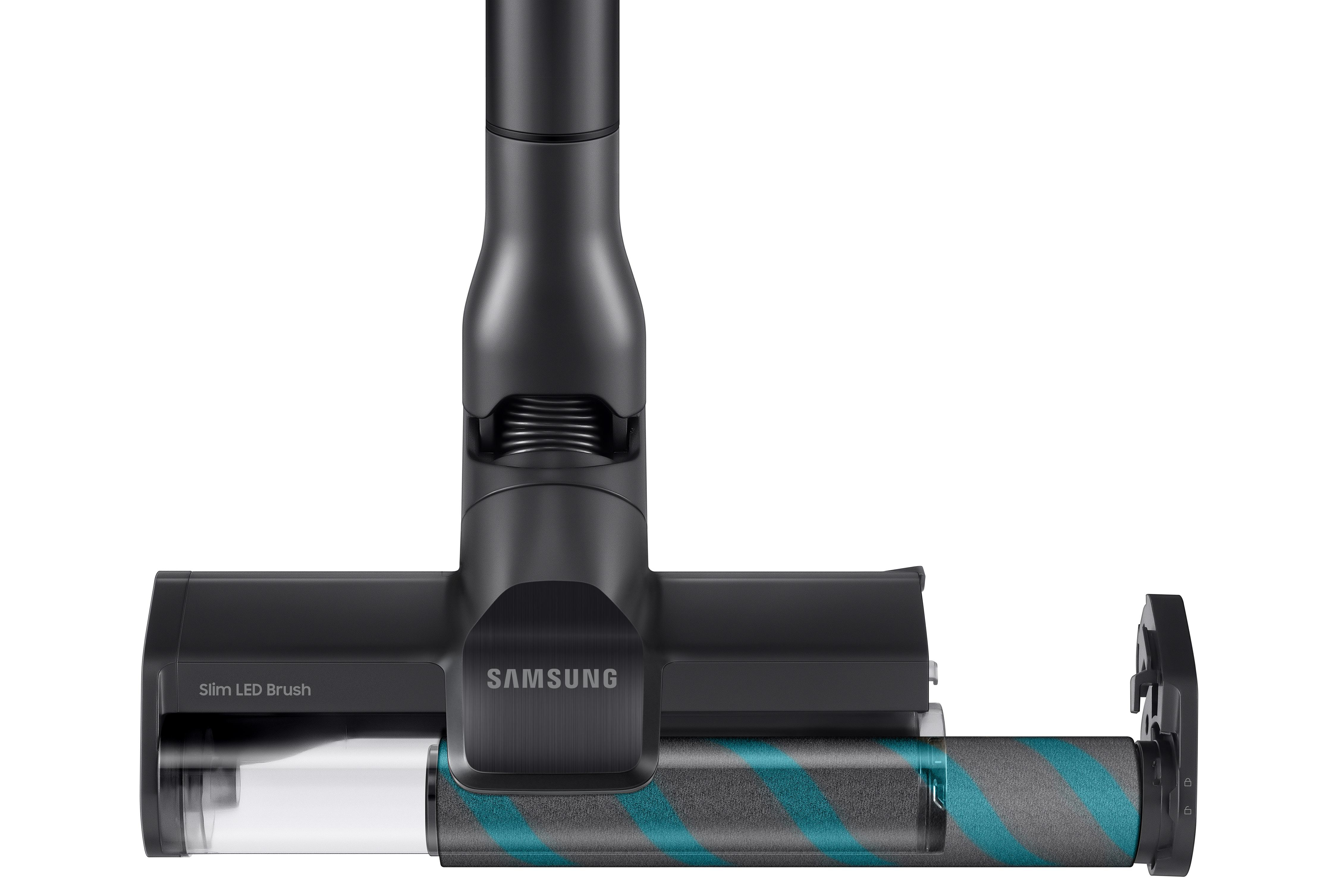 Schwarzer Samsung Staubsaugerkopf. Verfügt über eine Walze mit grau-blauen Streifen, einen transparenten Kunststoffabschnitt und das Wort 'Slim LED Brush'.