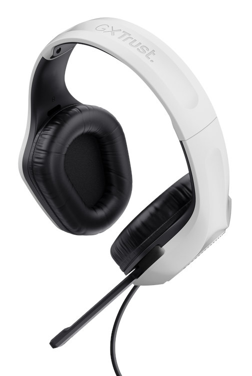 Biało-czarny zestaw słuchawkowy dla graczy z mikrofonem. Na białym tle.