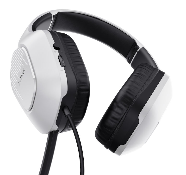 Biało-czarne słuchawki z kablem.