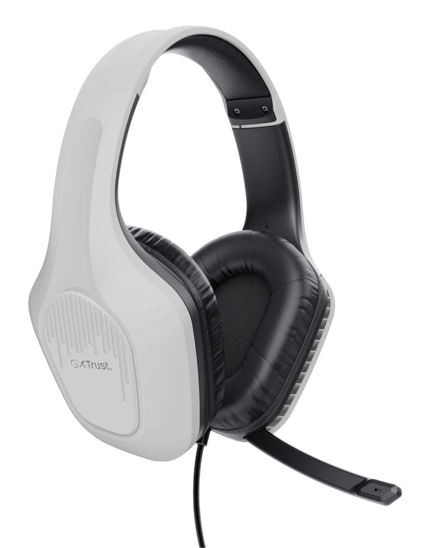 Biało-szary zestaw słuchawkowy do gier GXT Trust z mikrofonem.
