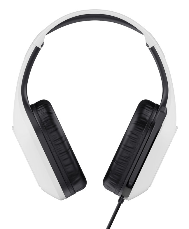 Białe słuchawki z czarnymi nausznikami i kablem łączącym.
