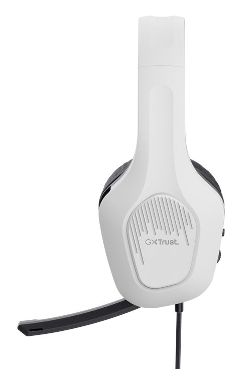 Biały zestaw słuchawkowy do gier z mikrofonem. Zestaw słuchawkowy jest na białym tle.