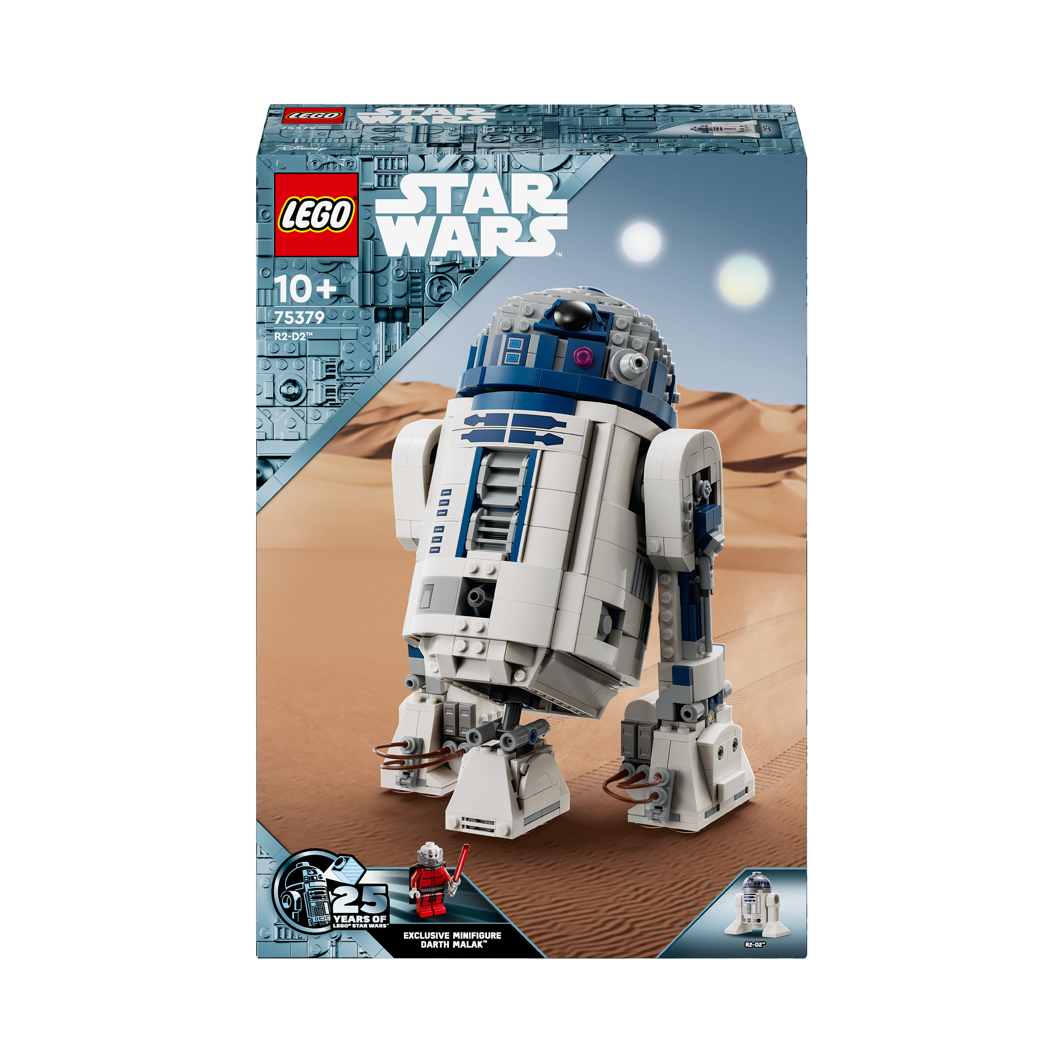 Lego Star Wars R2-D2 Set vor Wüstenhintergrund. In der Box, mit kleiner Figur.