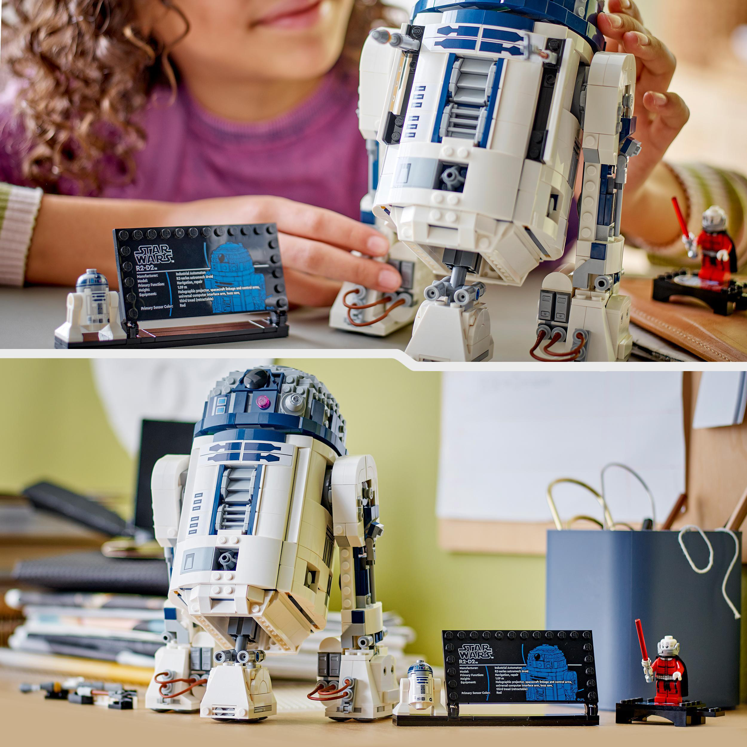 Zwei Bilder eines Lego Star Wars R2-D2 Modells mit einem Kind.