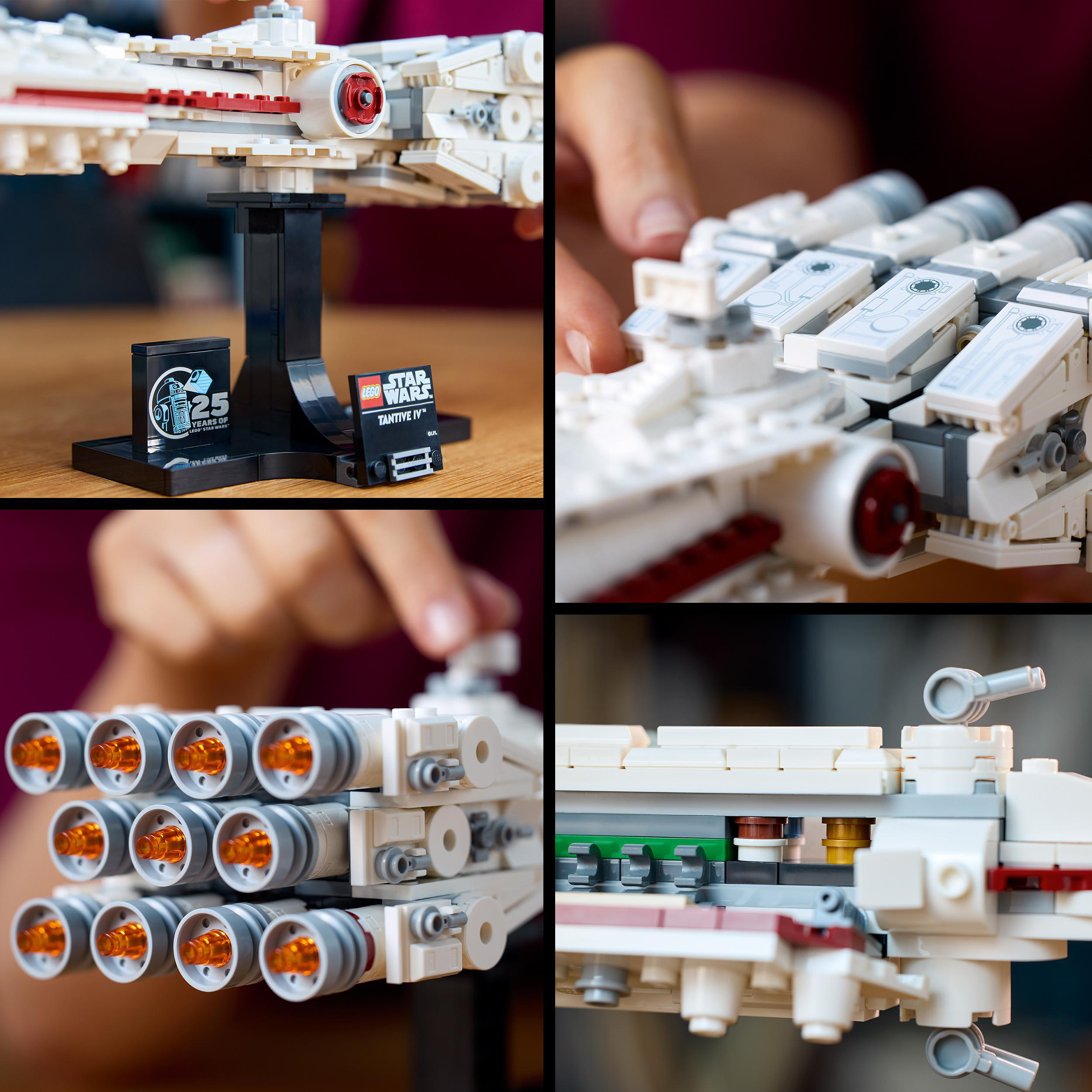 Mehrere Ansichten eines Lego Star Wars Modells, detaillierte Konstruktion zeigend.