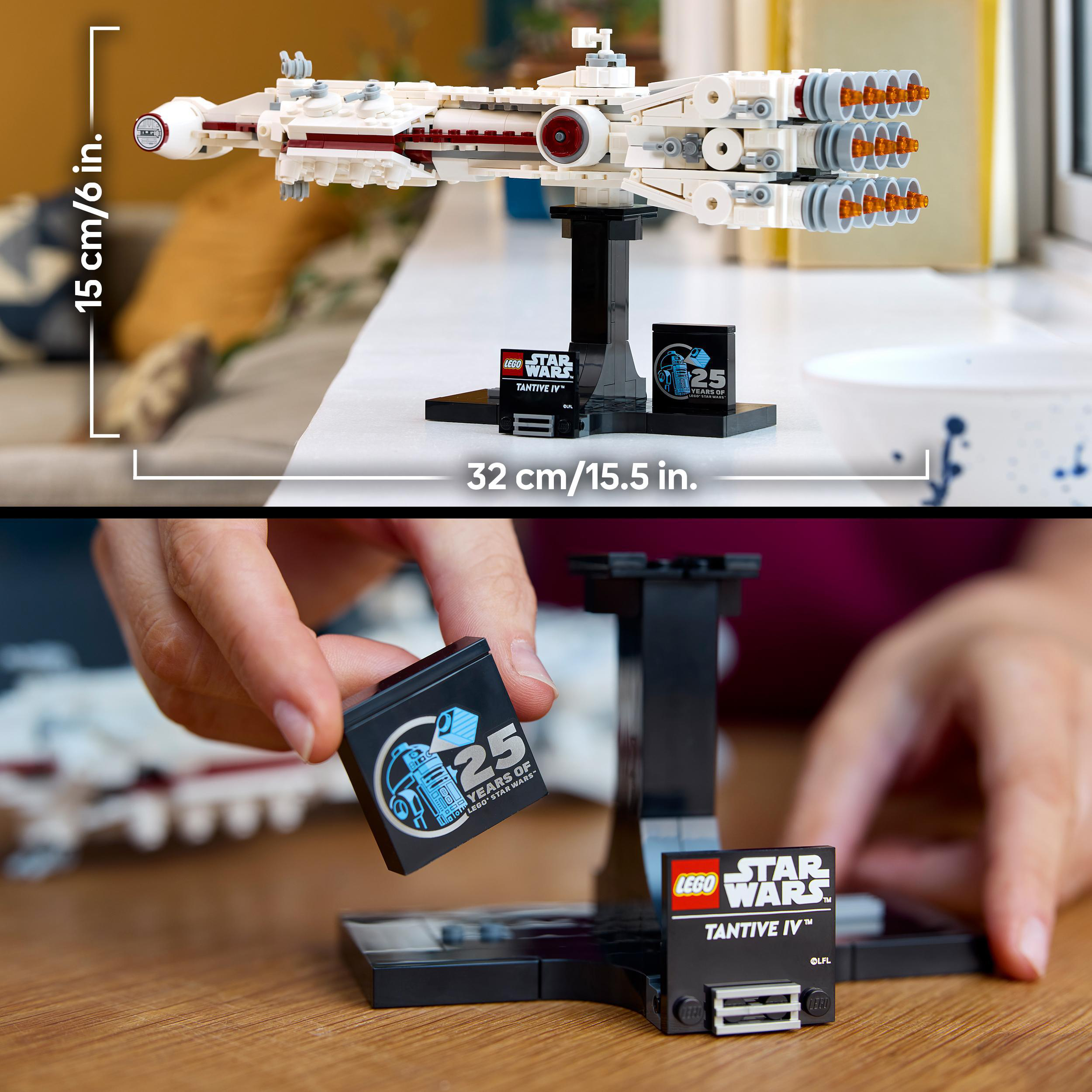 LEGO Star Wars X-Wing Modell auf Ständer, mit LEGO Plakette und Text in cm/Zoll.