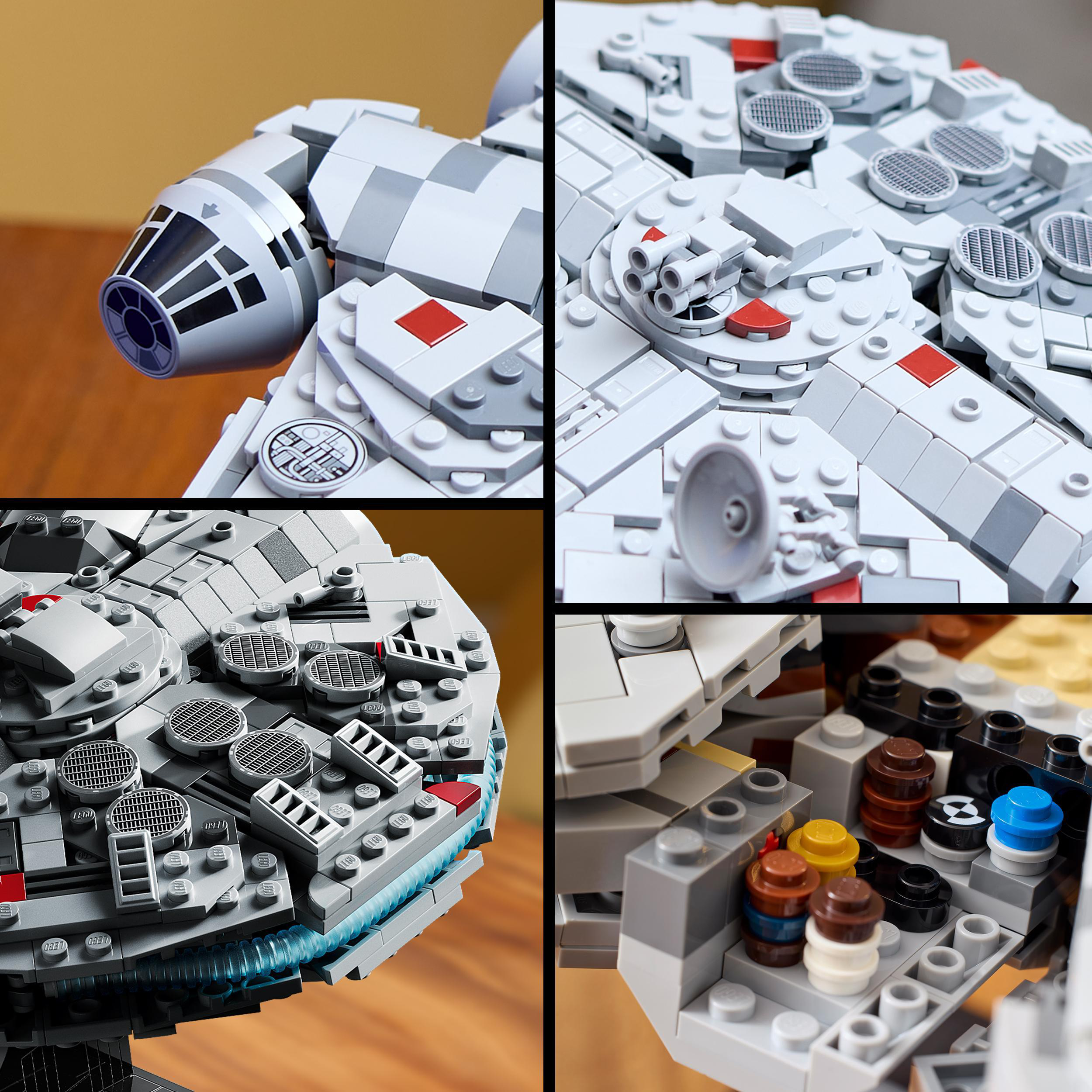 Nahaufnahme eines Lego Millennium Falcon Modells, das Details des Schiffsäußeren und der Innenteile zeigt.