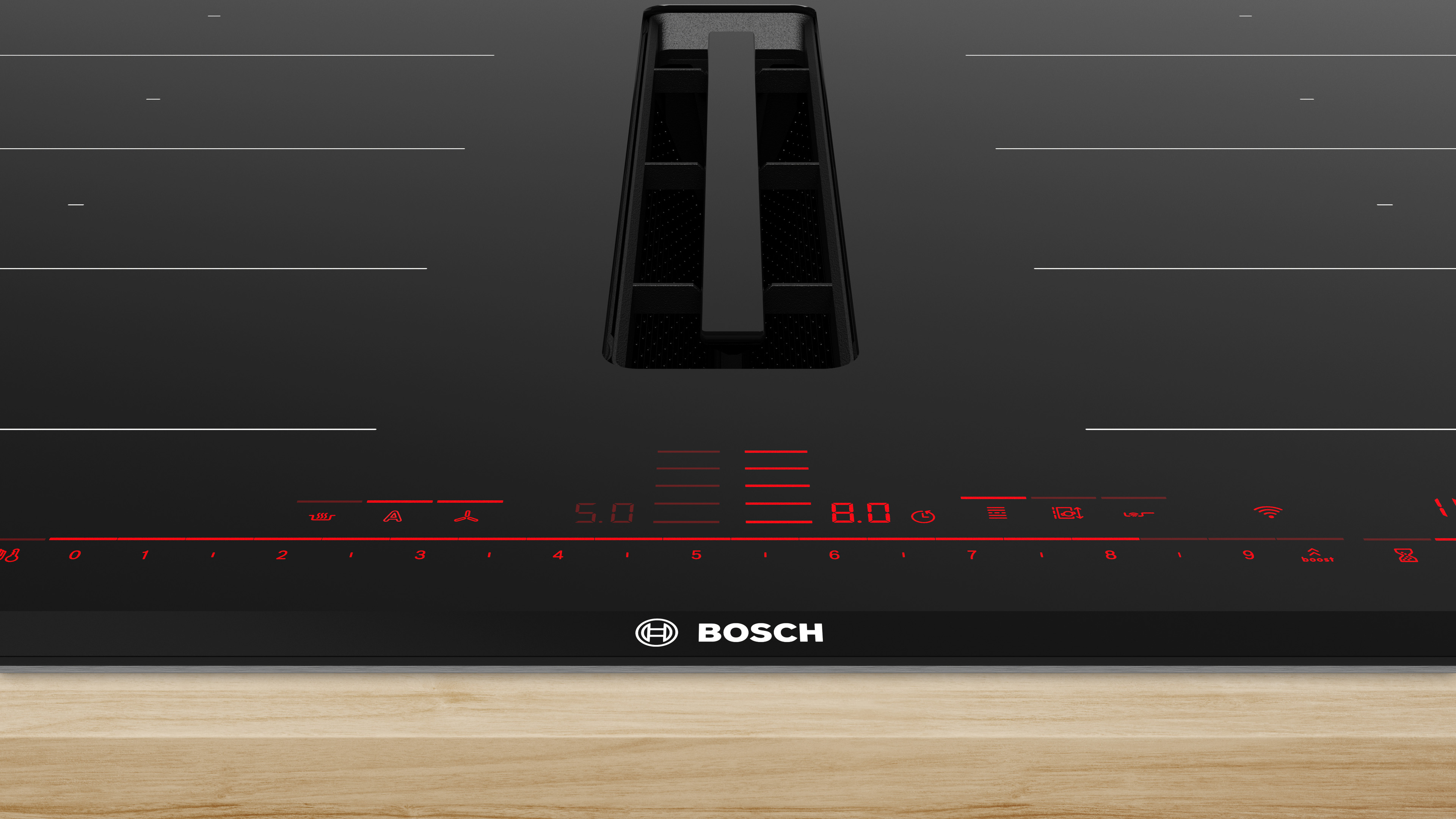 Ein schwarzes Induktionskochfeld mit rot beleuchteten Bedienelementen. Das Bosch-Logo befindet sich unten.