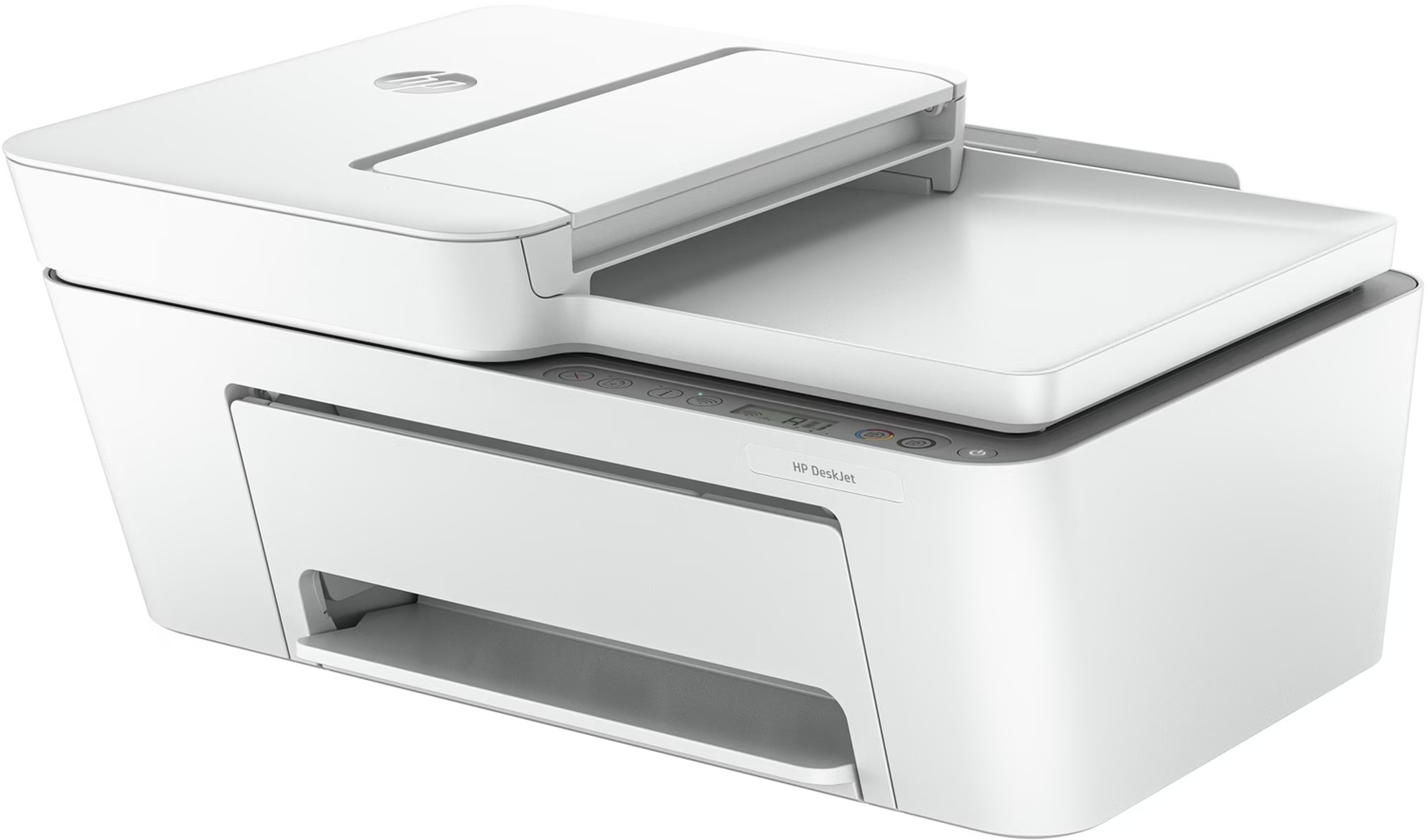 Imprimante HP DeskJet blanche avec couvercle de scanner ouvert et boutons de commande sur le dessus.