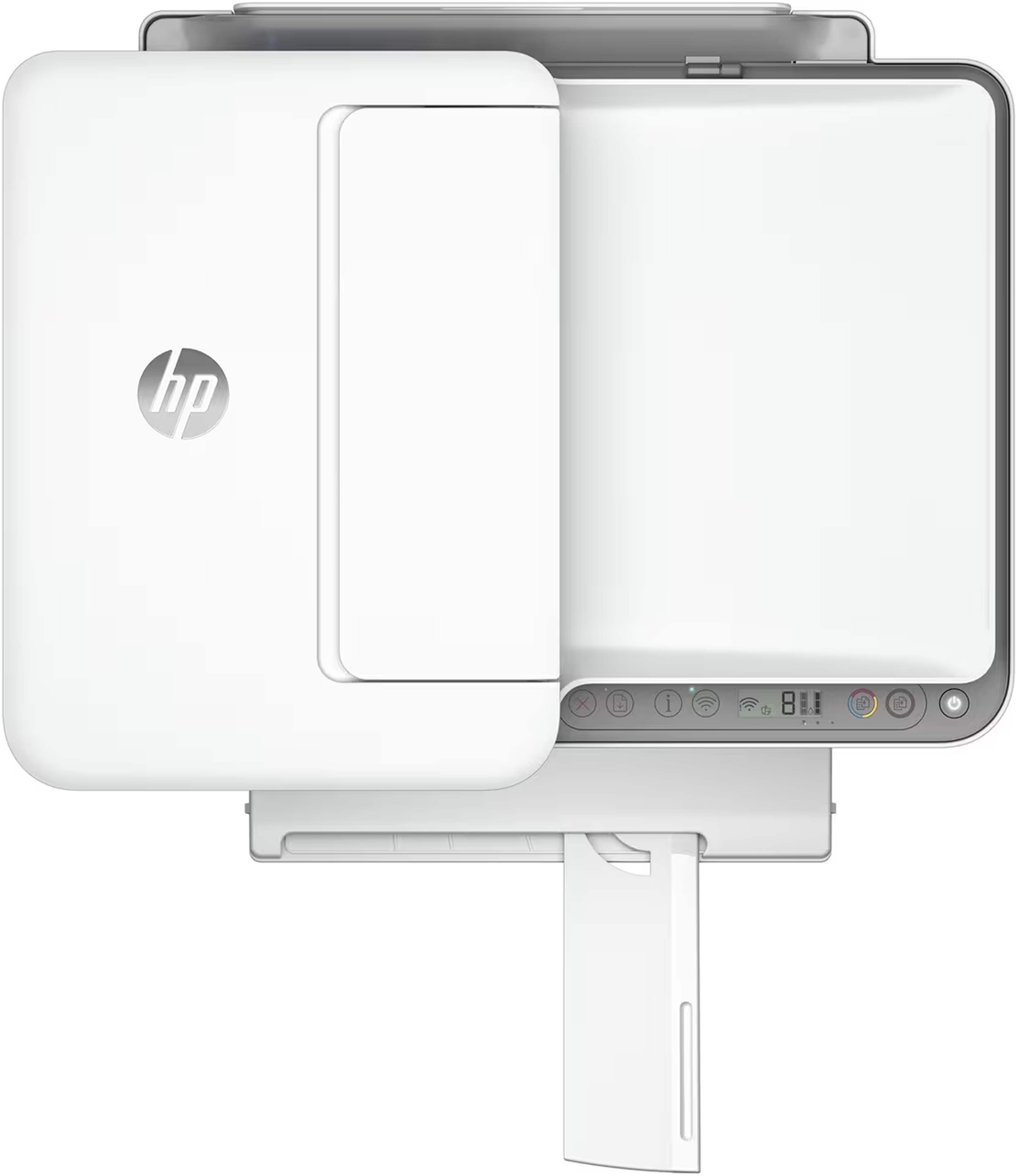 Imprimante blanche avec le dessus ouvert et le bac de sortie. Le logo HP est visible.