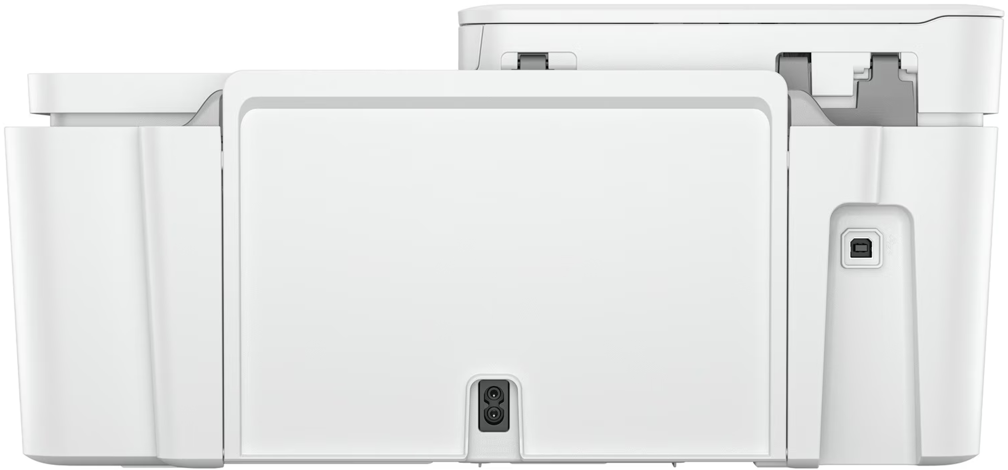 Imprimante blanche vue arrière, montrant un port d'alimentation et un port USB sur le côté.