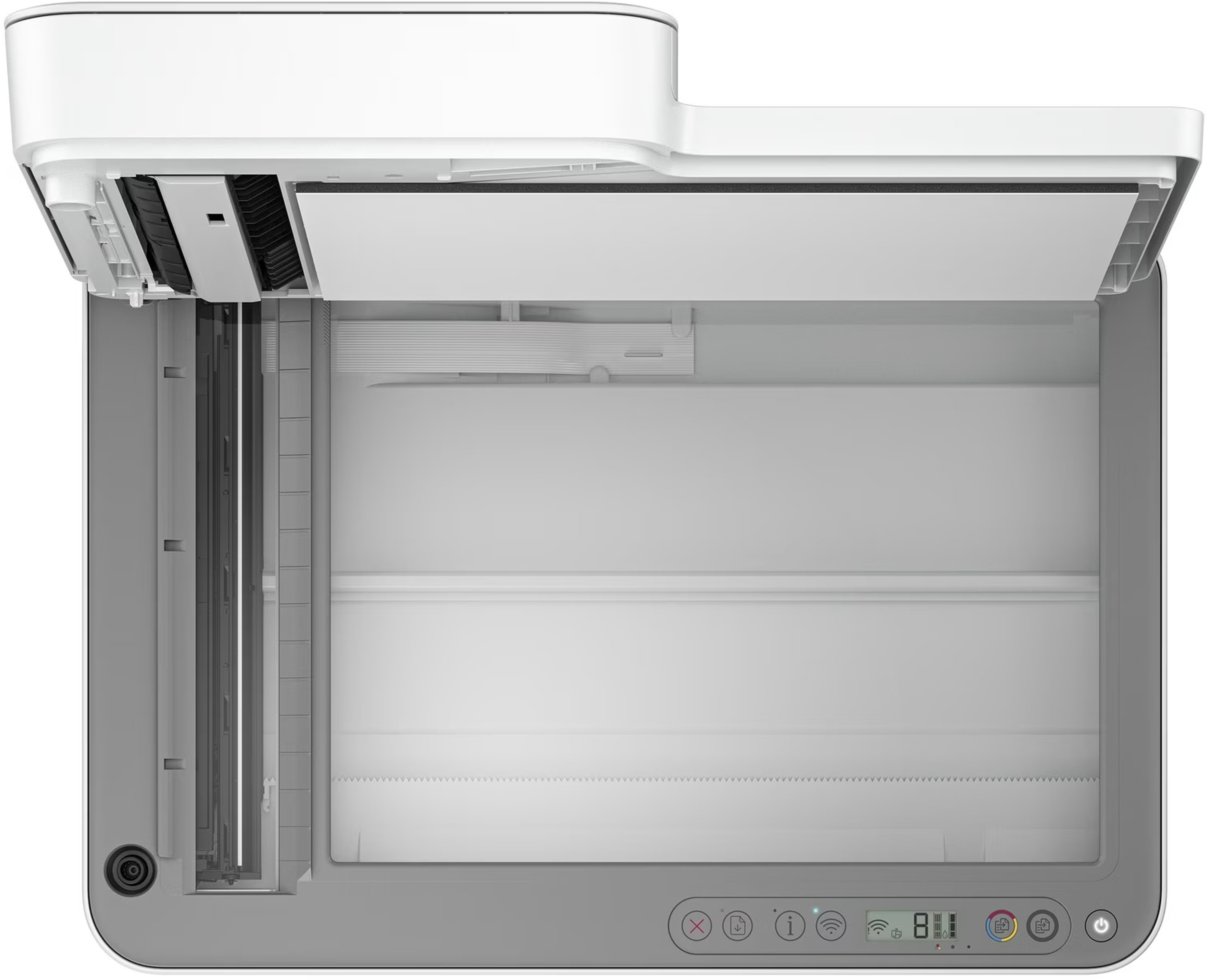Vue de dessus d'un scanner blanc avec le couvercle ouvert, montrant l'intérieur et le panneau de commande avec un affichage 8.