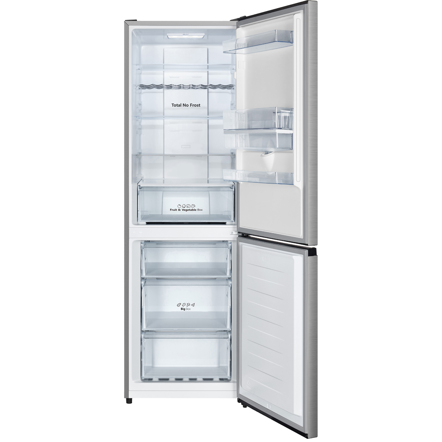 Een open koelkast toont planken, laden en labels zoals 'Total No Frost' en 'Fresh & Vegetable Box'.