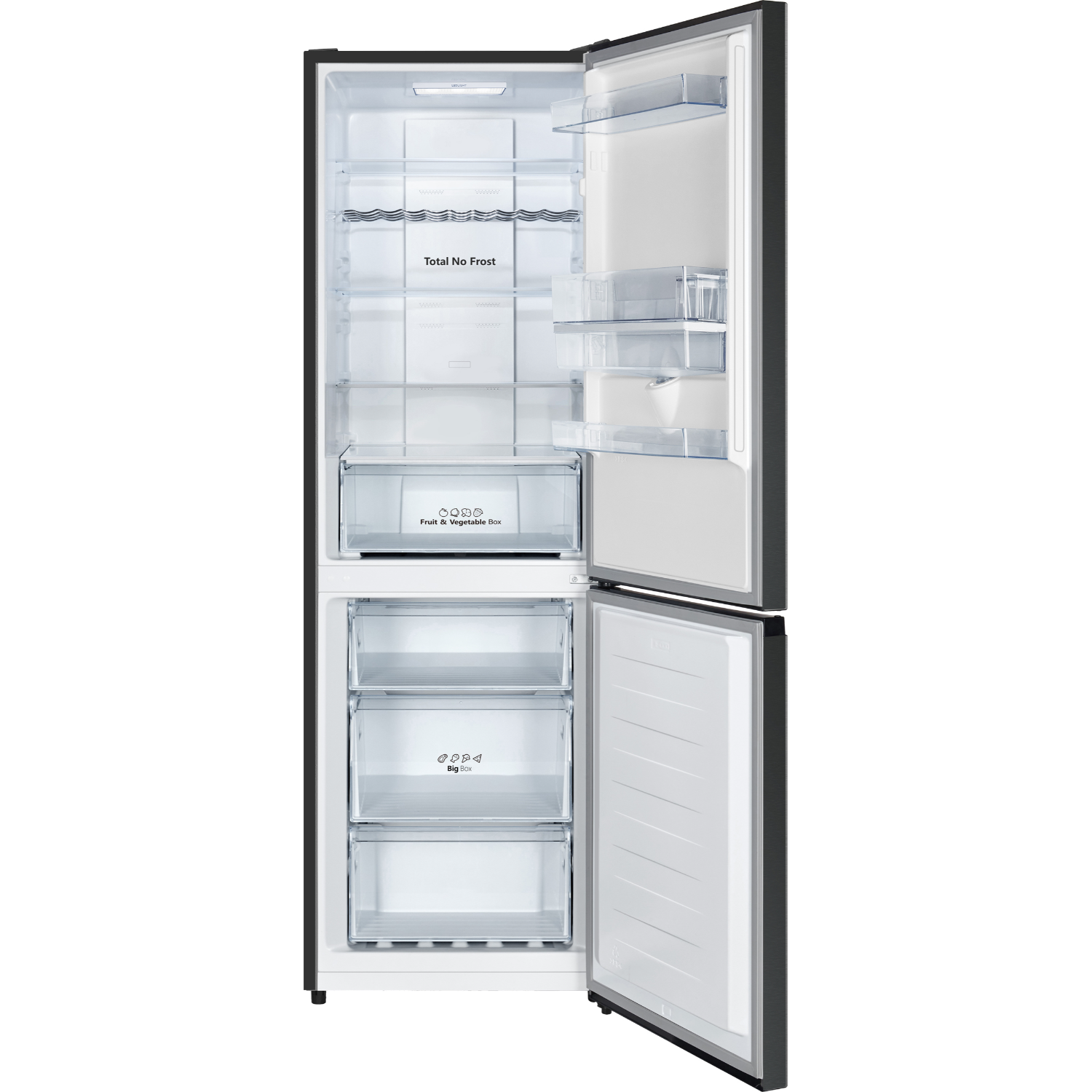 Opened refrigerator with shelves, drawers. Total No Frost. Fruit & Vegetable box. Black exterior.