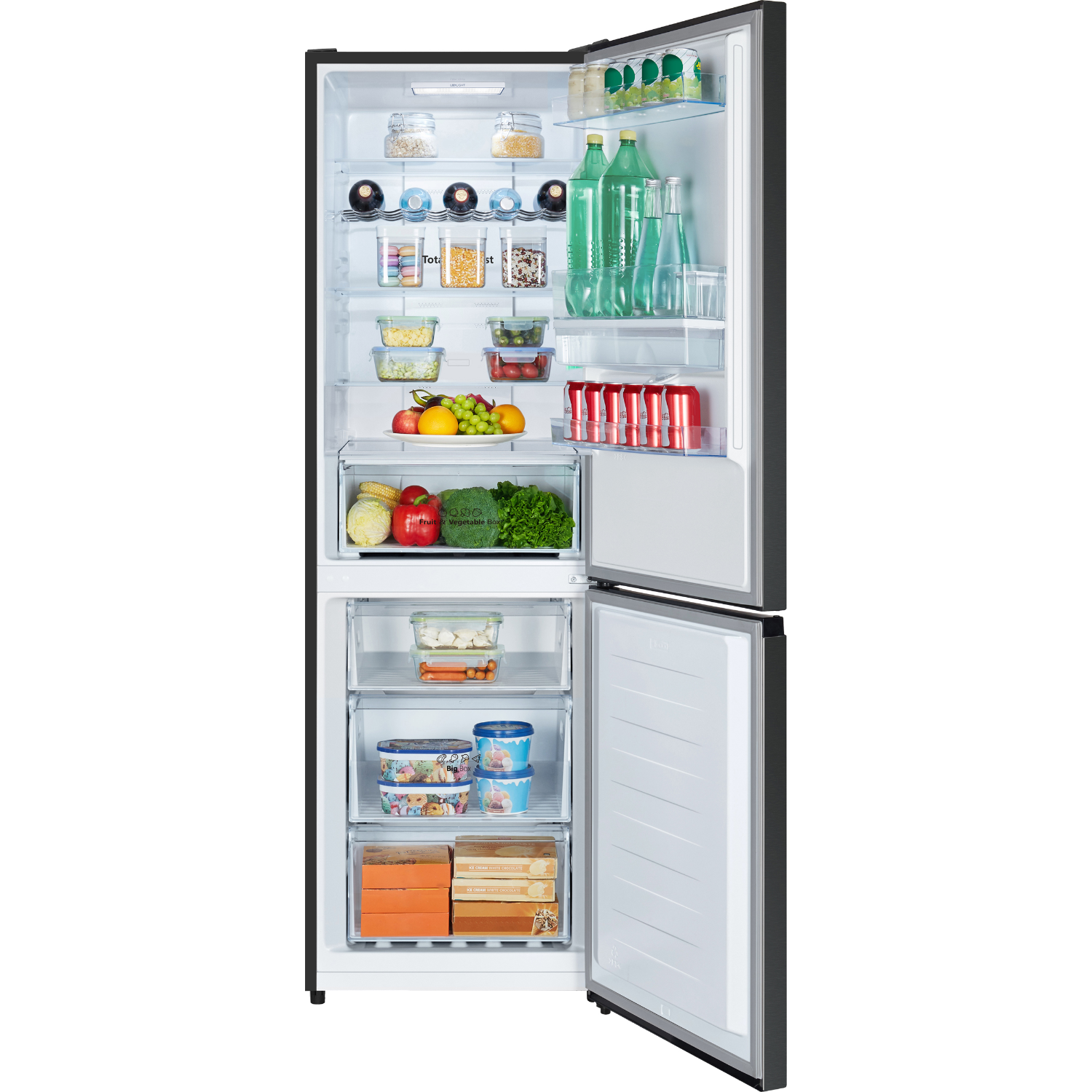A refrigerator with open doors, filled with food and drinks.