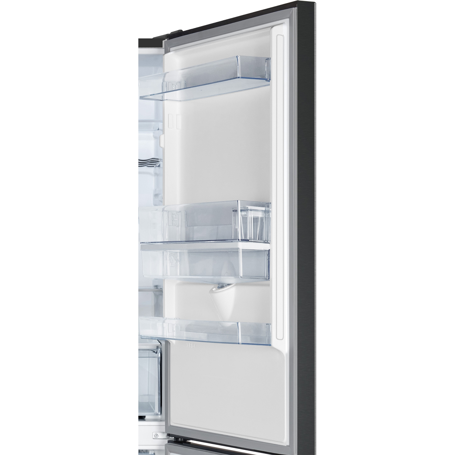 An open refrigerator door, revealing shelves, drawers, and interior details.