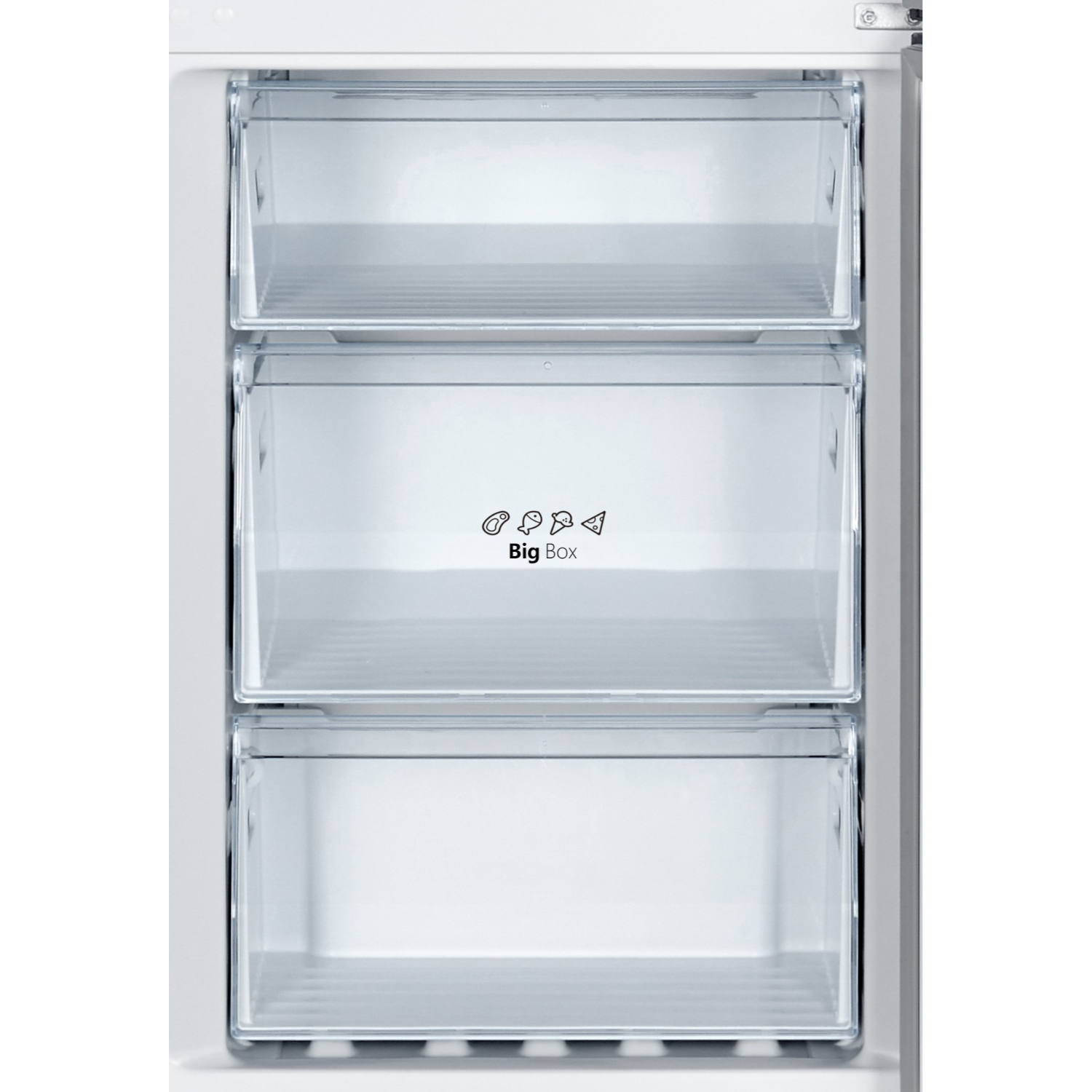 Freezer drawers open. Three clear drawers with visible contents, labeled 'Big Box'.