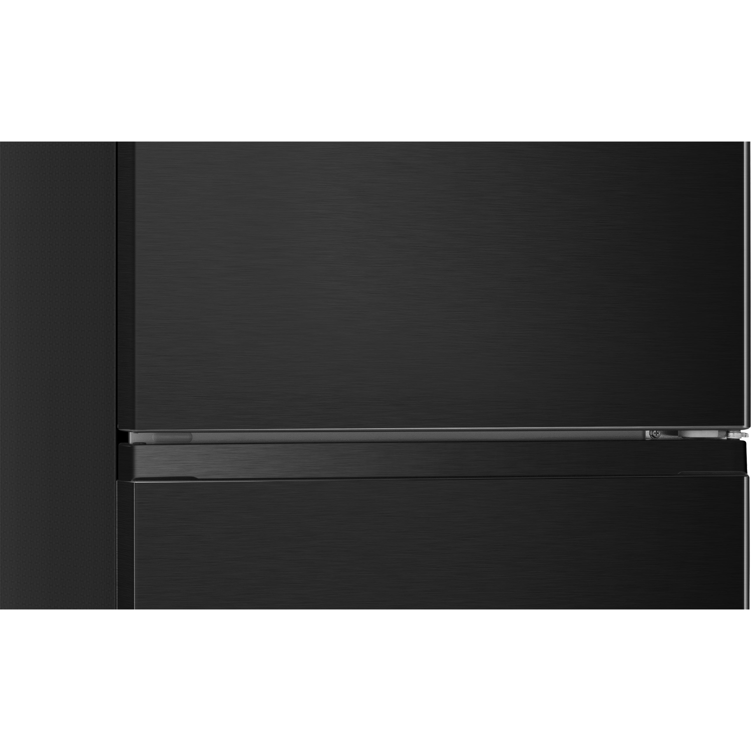 Close-up of a black refrigerator with two doors. The background is plain black.