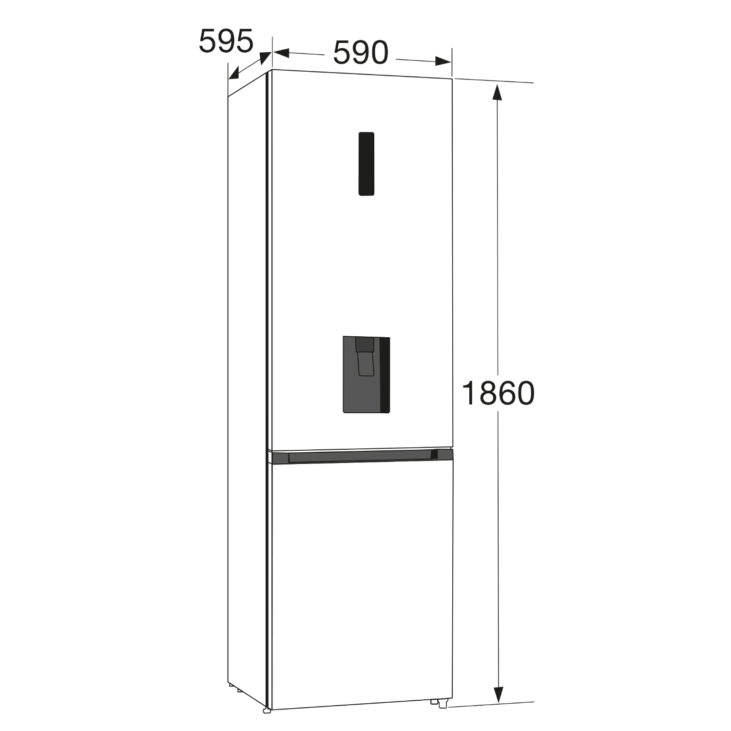 A white refrigerator with black details and measurements labeled. Dimensions are 595mm width, 590mm depth, and 1860mm height.