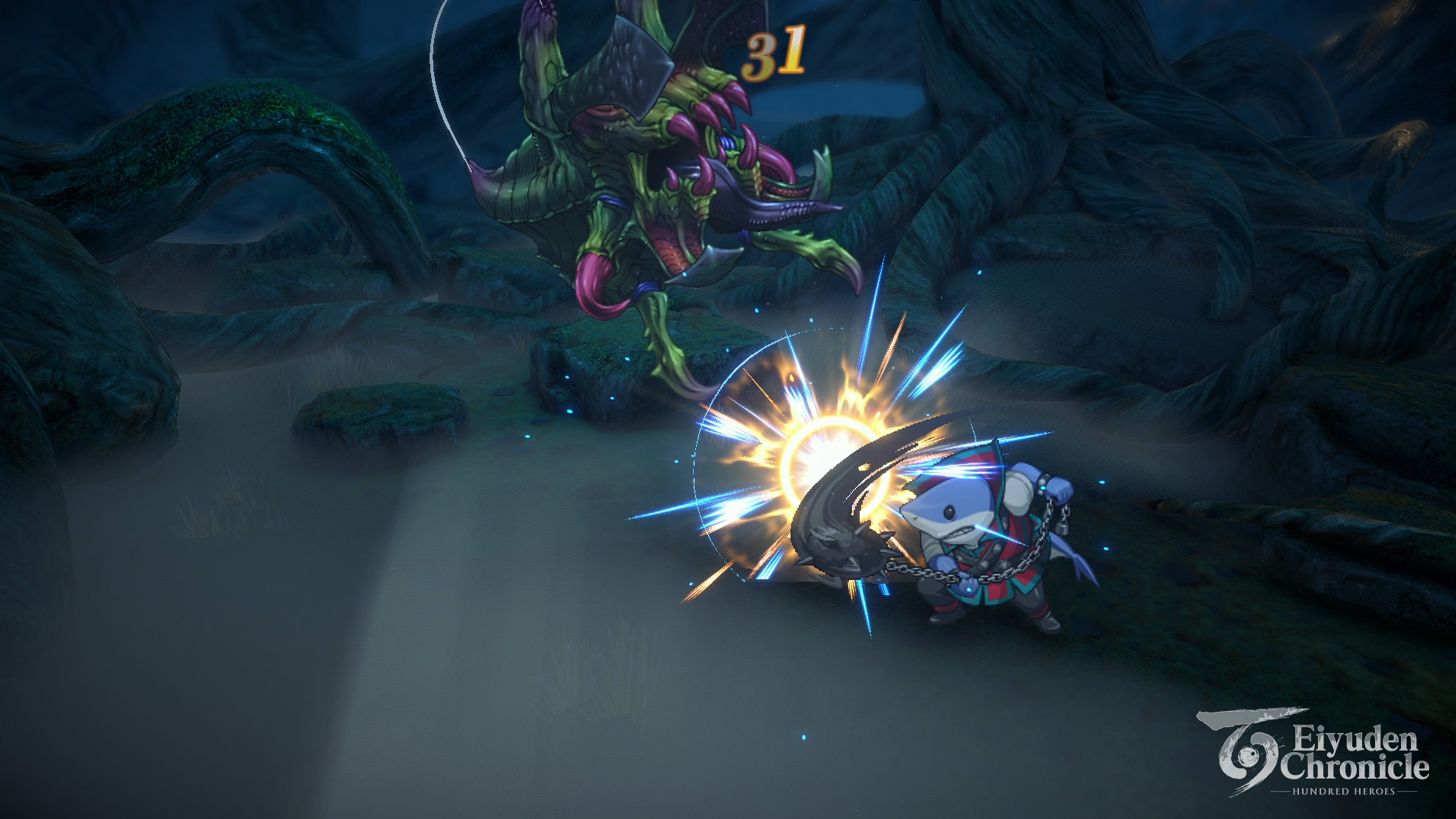 Ein haifischartiger Charakter kämpft mit einem Monster mit einem blauen Energieblitz.