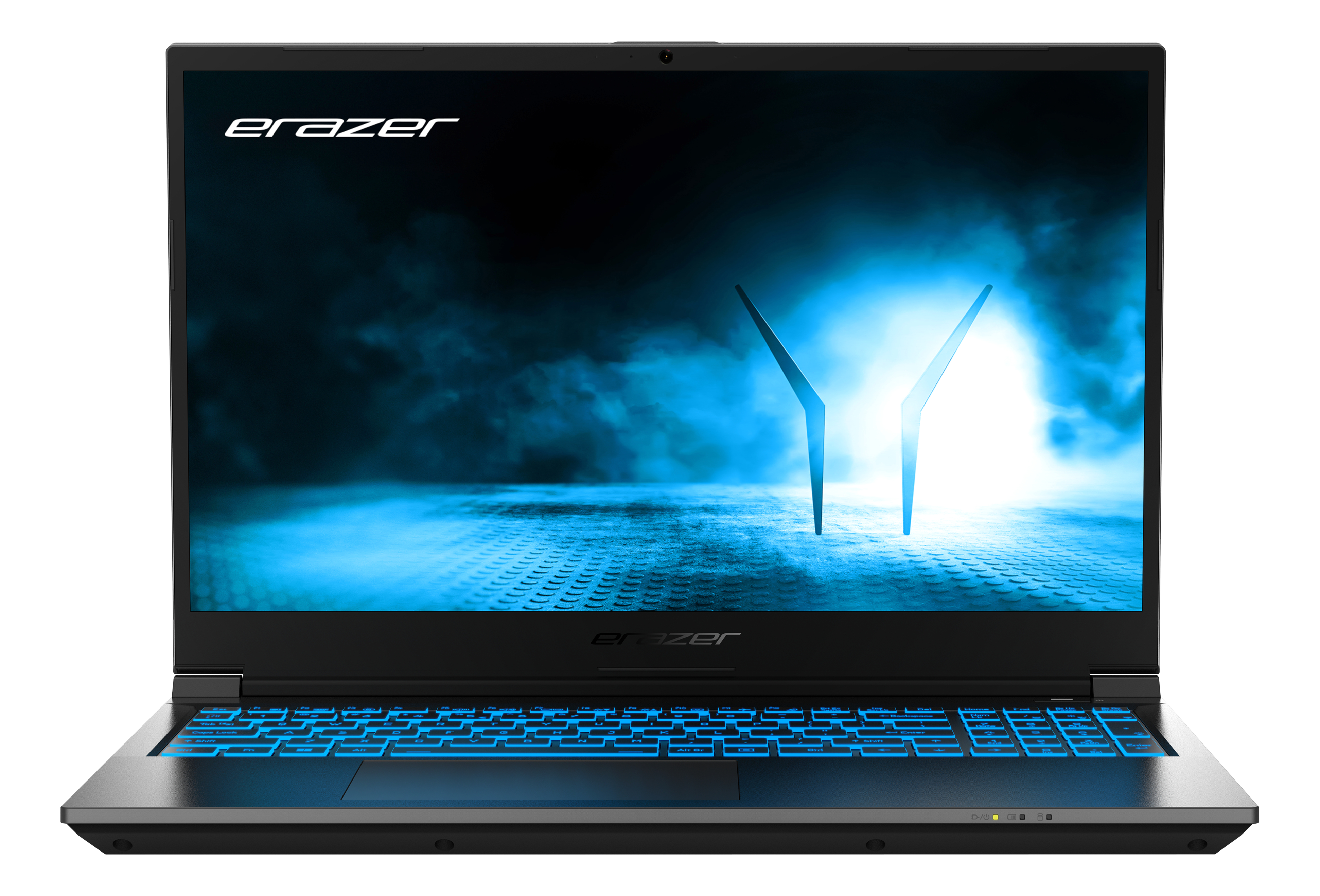 Ein schwarzer Laptop mit blau beleuchteter Tastatur und einem Bildschirm mit blauer Grafik.