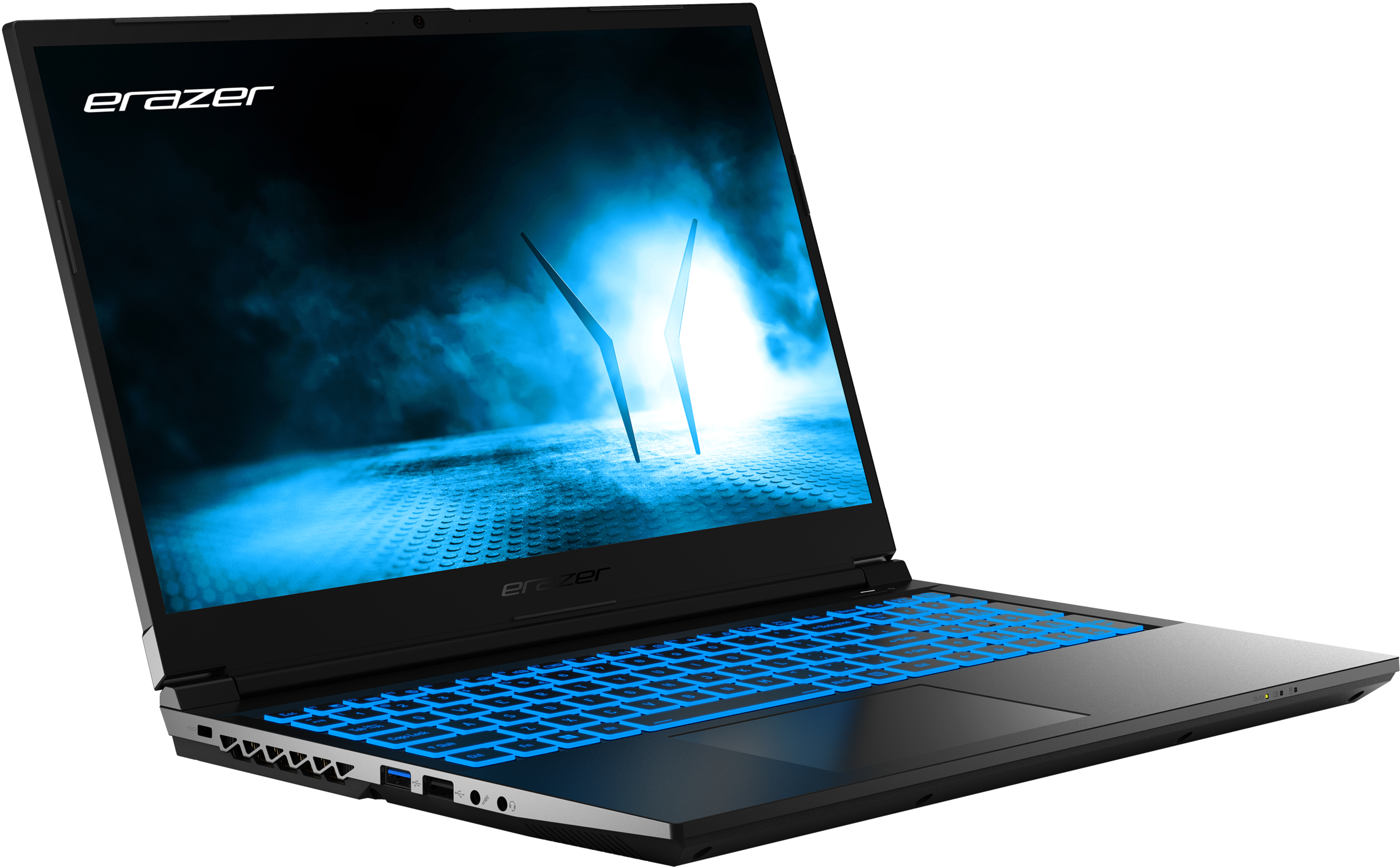 Schwarzer und blauer Laptop, schräge Perspektive.