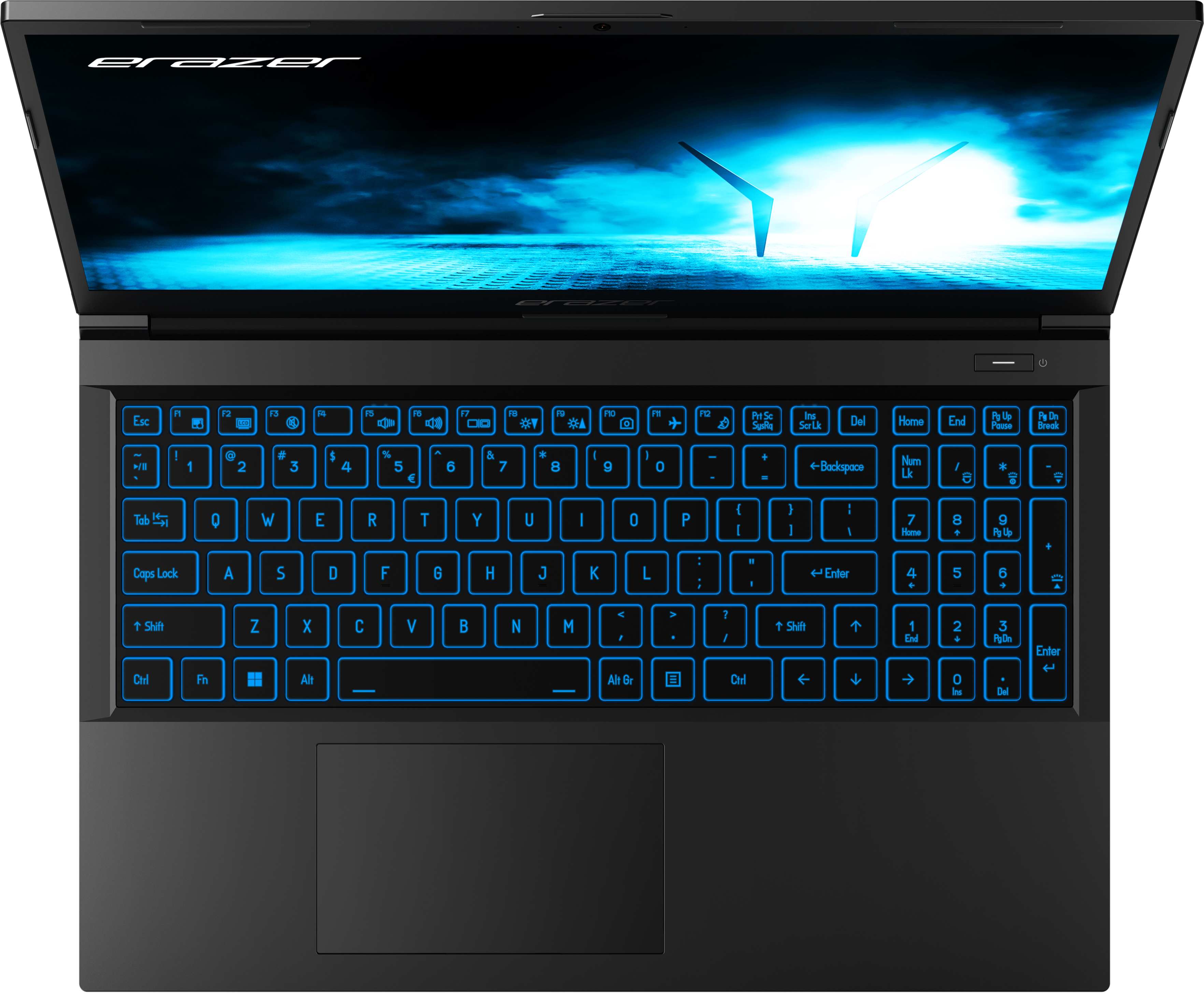 Draufsicht auf einen schwarzen Laptop mit blau beleuchteter Tastatur.