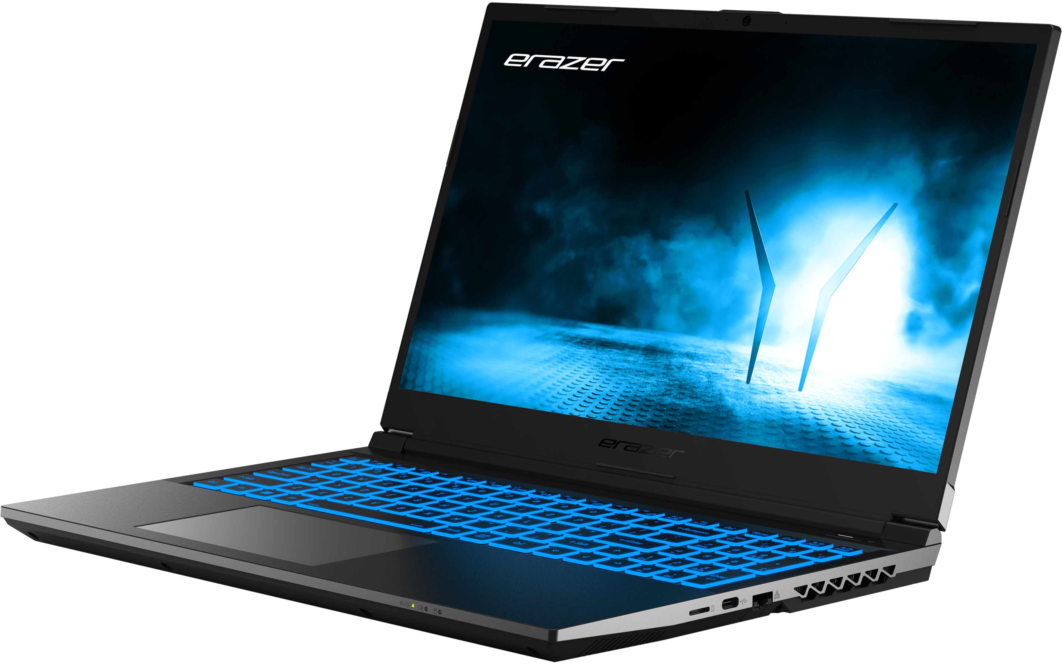 Ein Laptop mit blau beleuchteter Tastatur und einem Bildschirm, der einen blau-schwarzen Hintergrund zeigt.