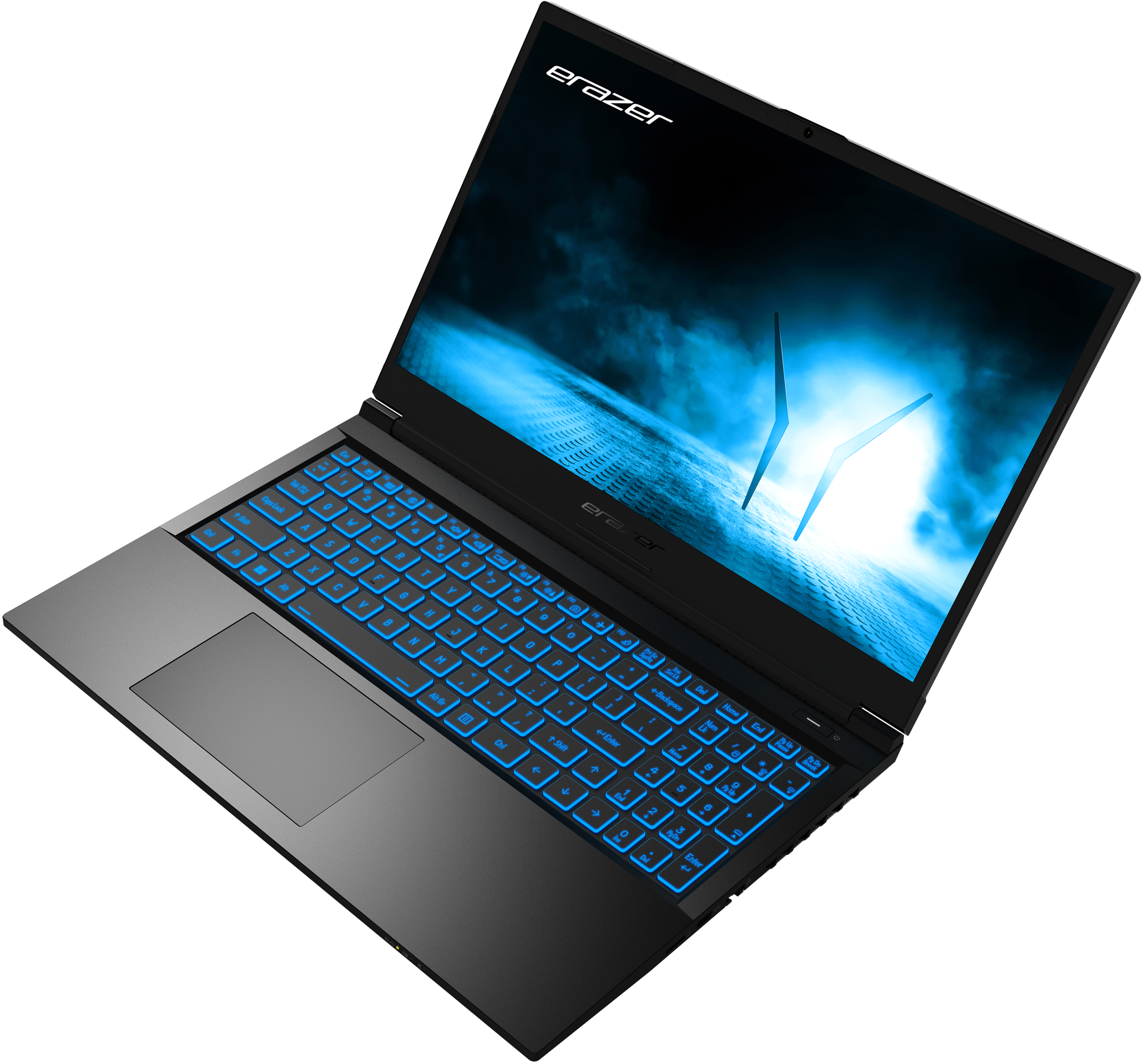 Schwarzer Laptop mit blau beleuchteter Tastatur, offen. Zeigt eine blaue Grafik auf dem Bildschirm. Angeschnittene Perspektive.