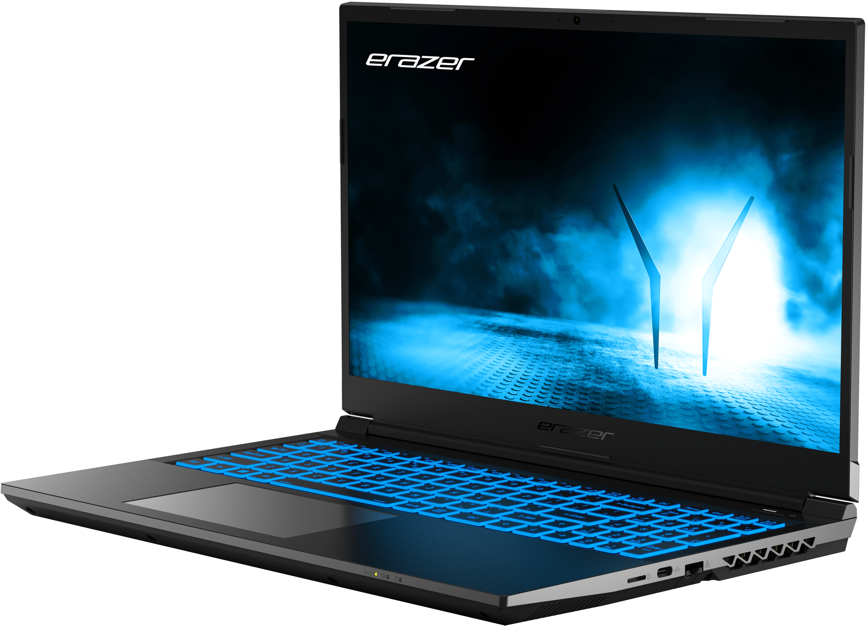 Schwarzer Laptop mit blau beleuchteter Tastatur. Der Bildschirm zeigt eine futuristische Grafik.