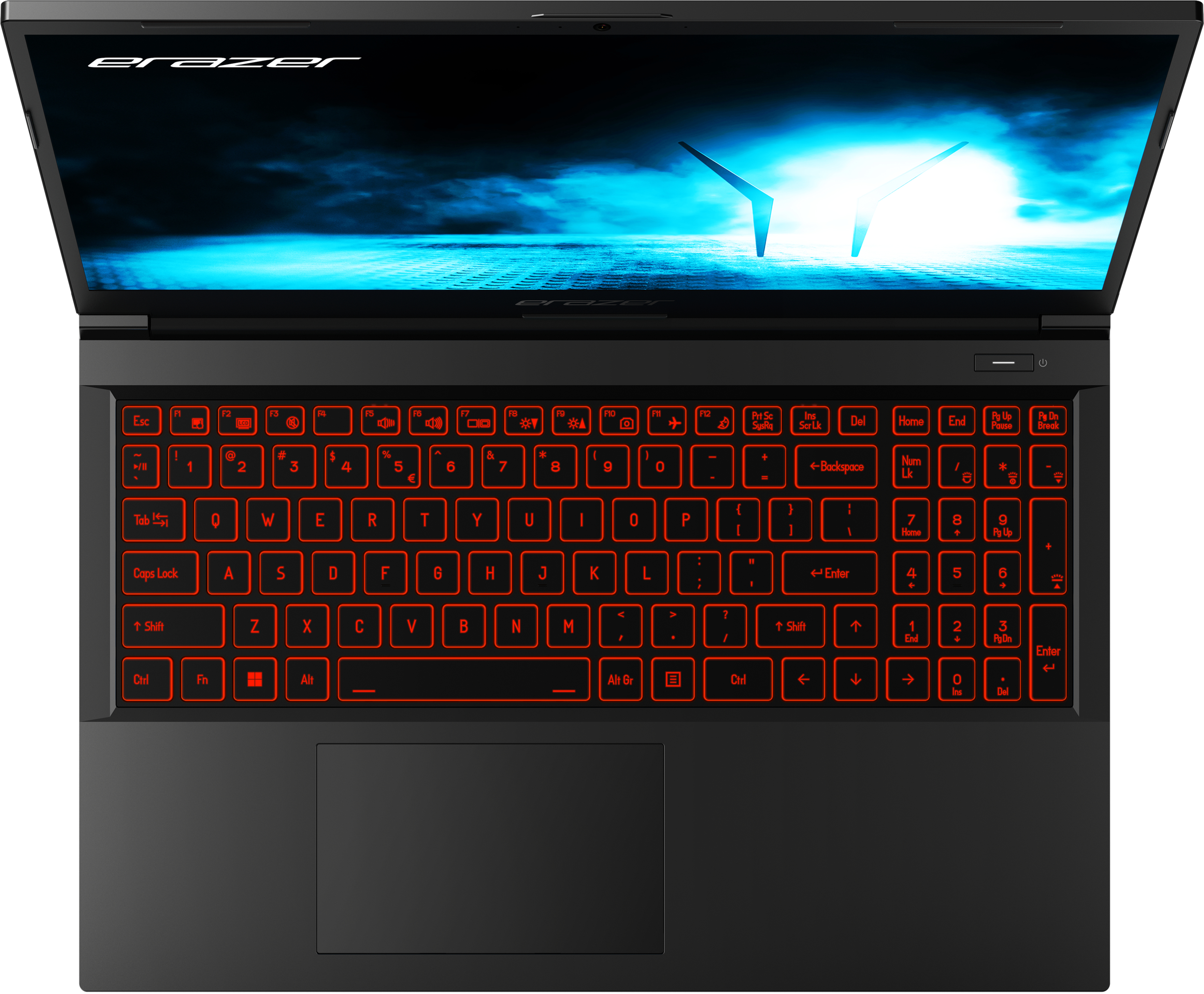 Laptop mit roter Hintergrundbeleuchtung der Tastatur. Draufsicht, geöffnet. Schwarzer Rahmen, Bildschirm zeigt blaue Bilder.
