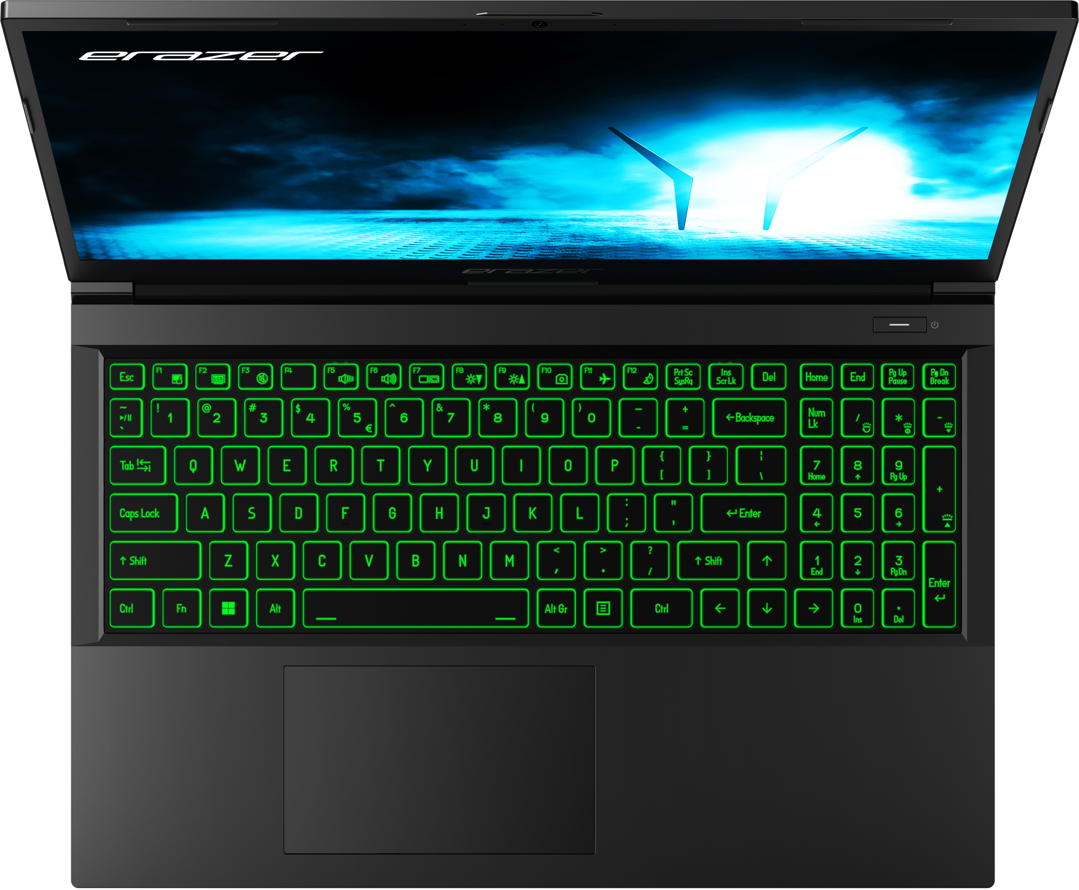 Ein schwarzer Laptop mit grün hinterleuchteter Tastatur, Draufsicht.