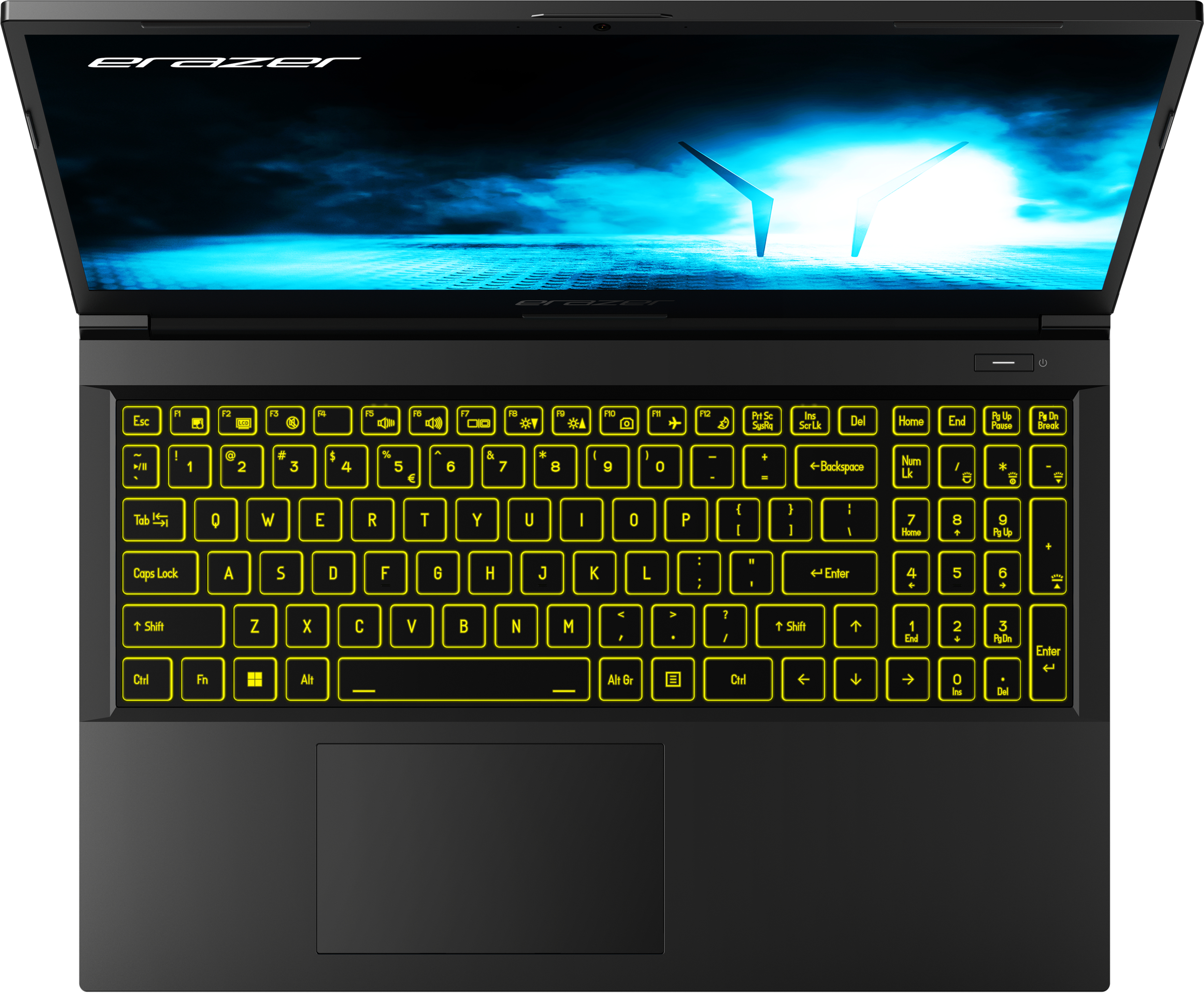 Draufsicht auf einen schwarzen Laptop mit gelb beleuchteter Tastatur.
