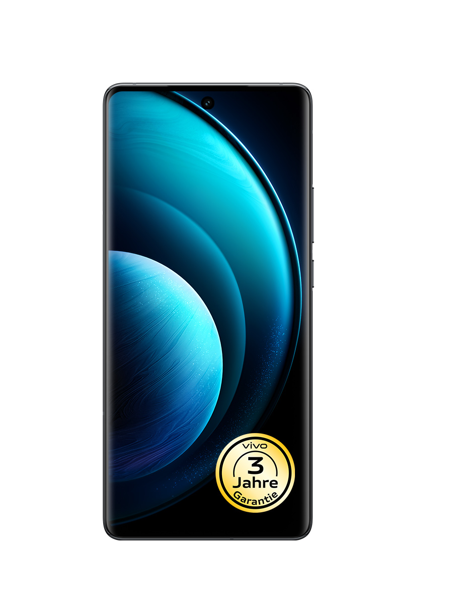 Schwarzes Smartphone mit einem blauen planetenähnlichen Bild und einem goldenen '3 Jahre Garantie' Aufkleber.