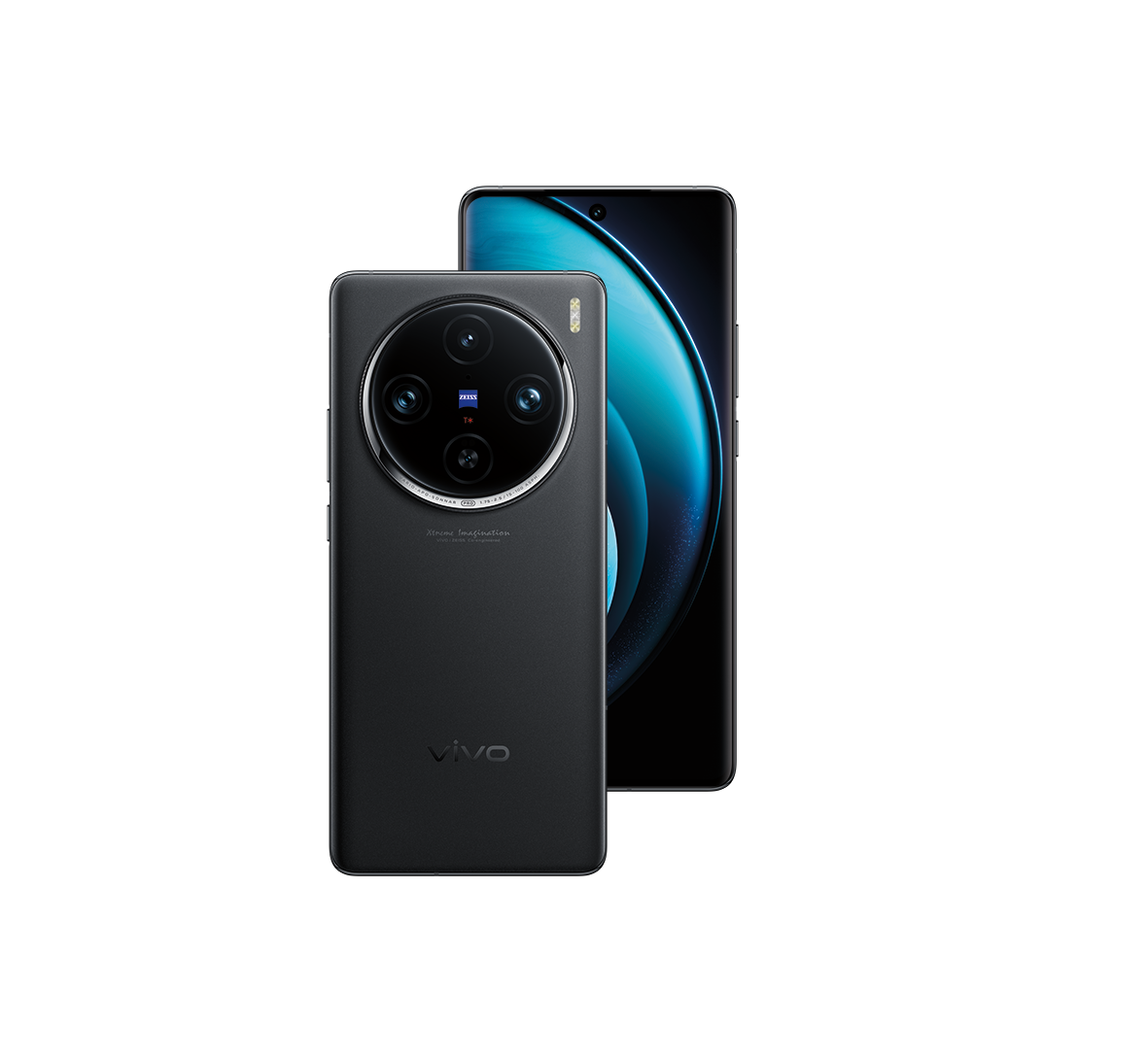 Schwarzes Smartphone, Rückansicht, mit Kameraanordnung und Vivo-Branding.