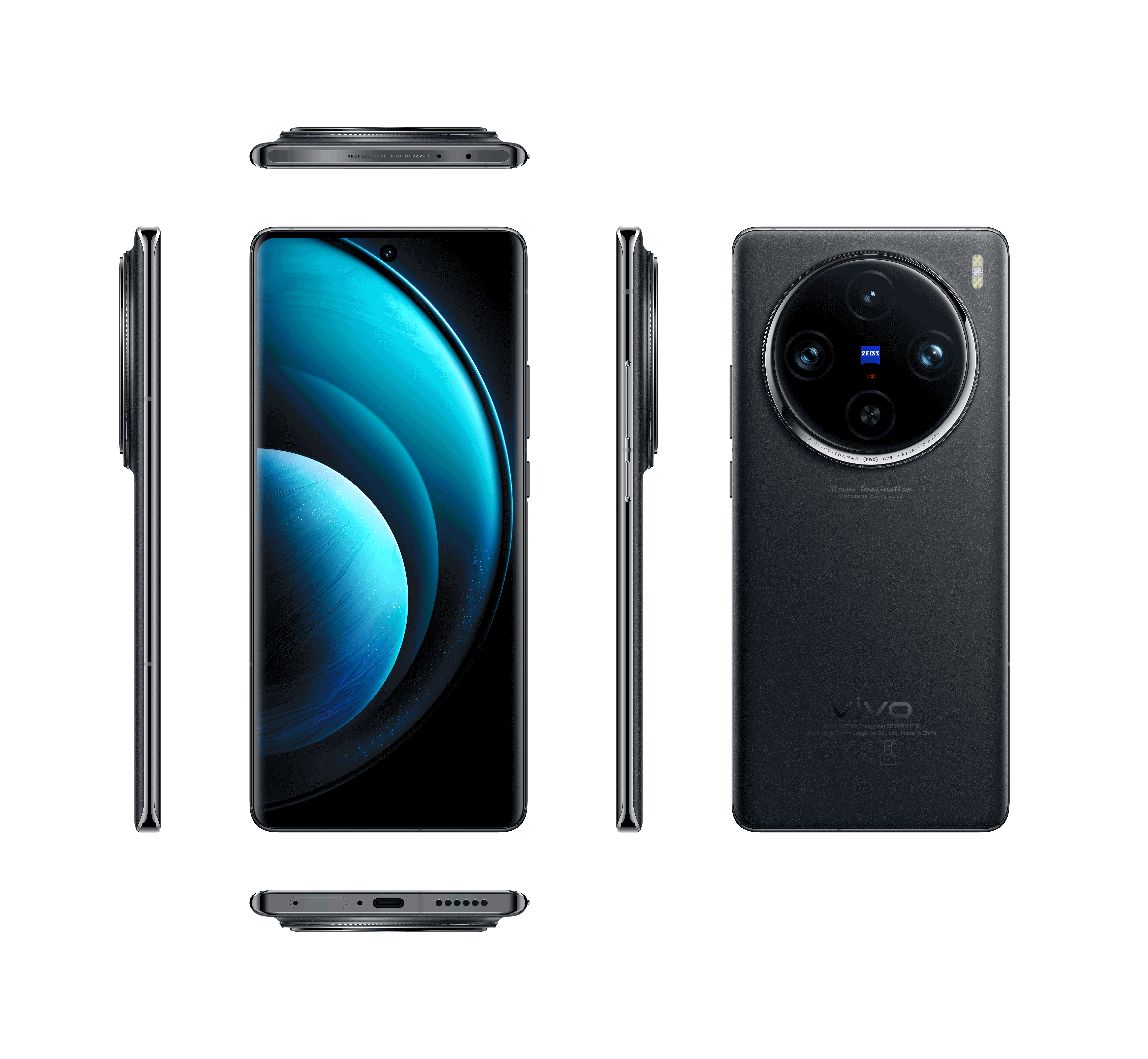 Vivo X90 Pro+ Mobiltelefon, verschiedene Winkel, schwarz.