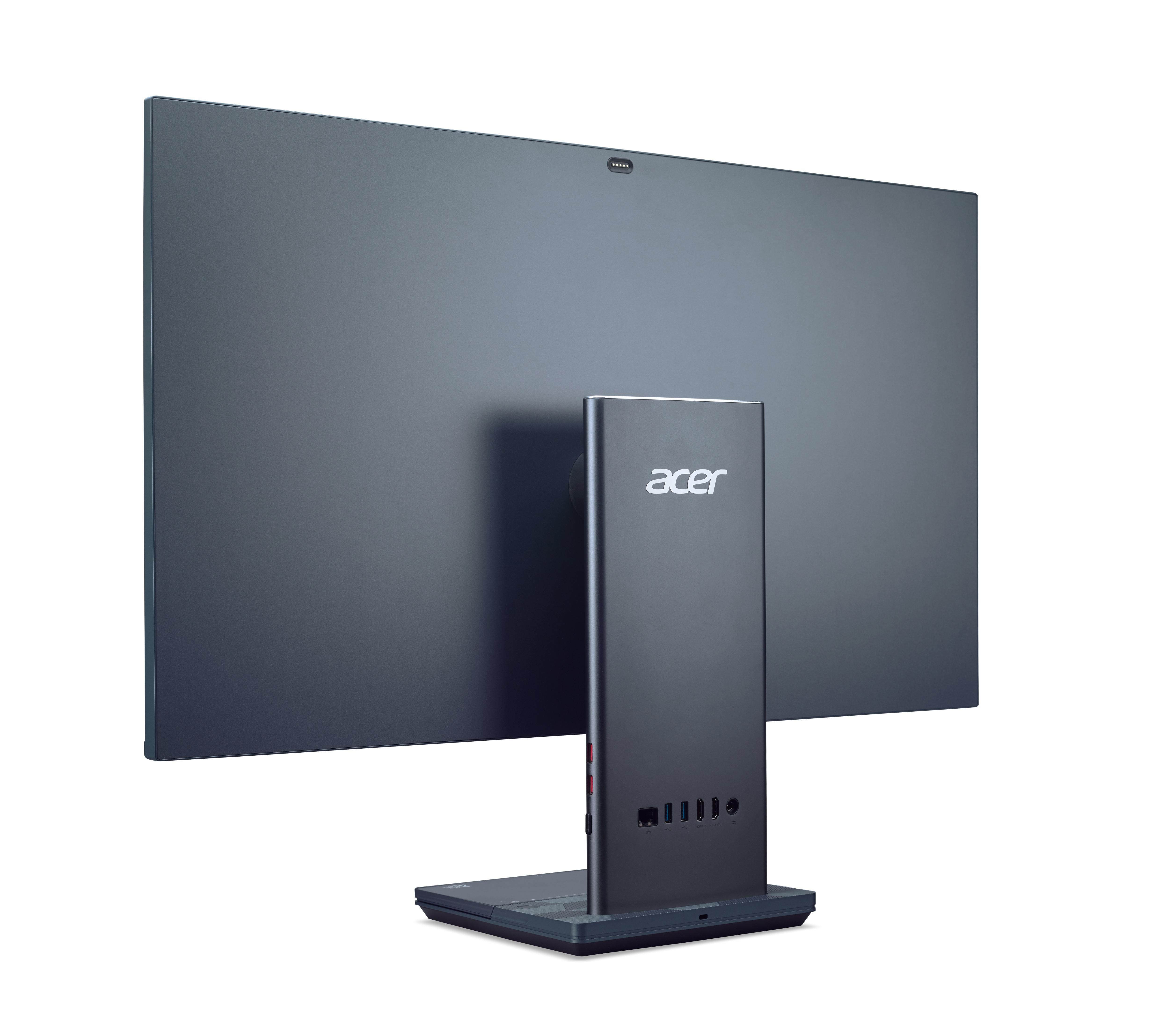 Rückansicht eines grauen Acer-Monitors mit Ständer auf weißer Oberfläche.