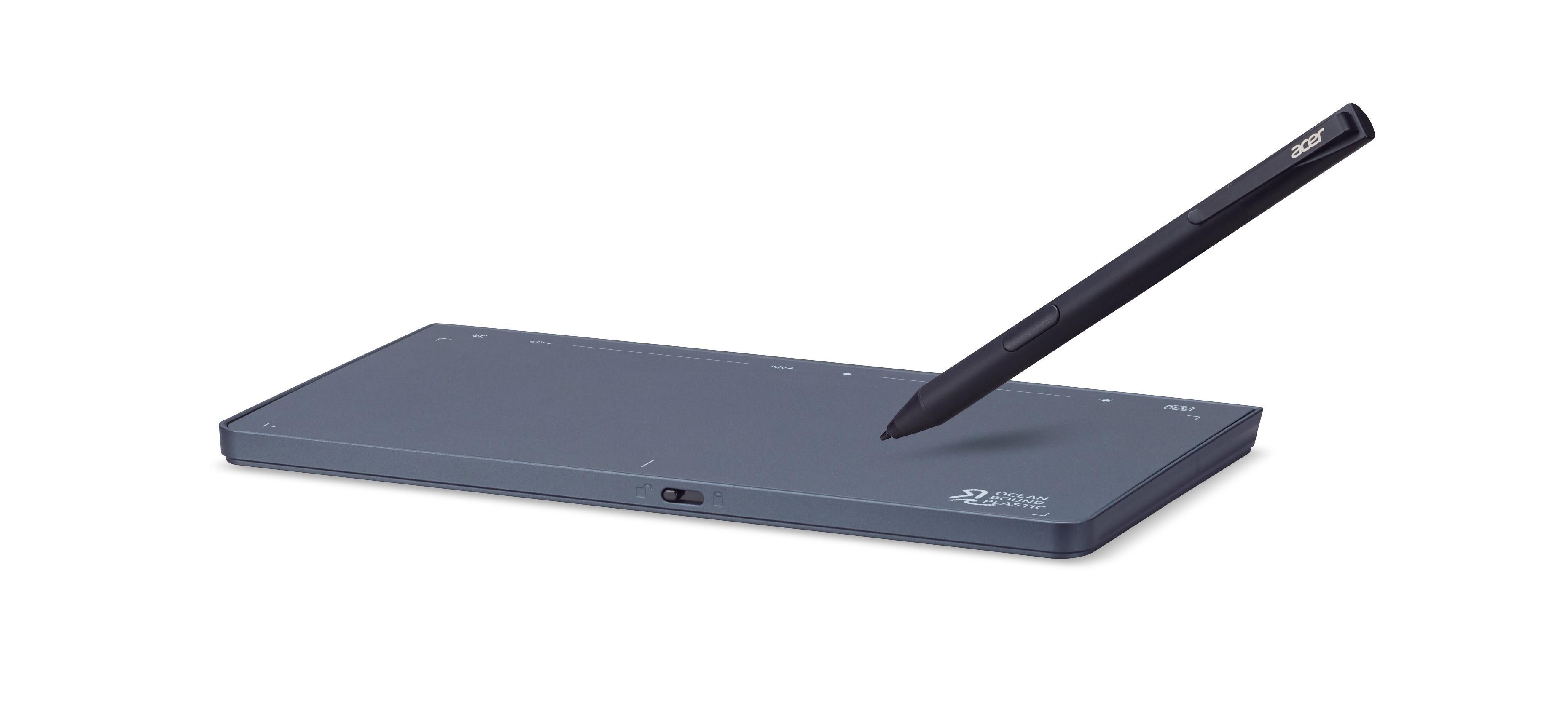 Ein Acer Zeichentablett mit einem Stift auf weißem Hintergrund.