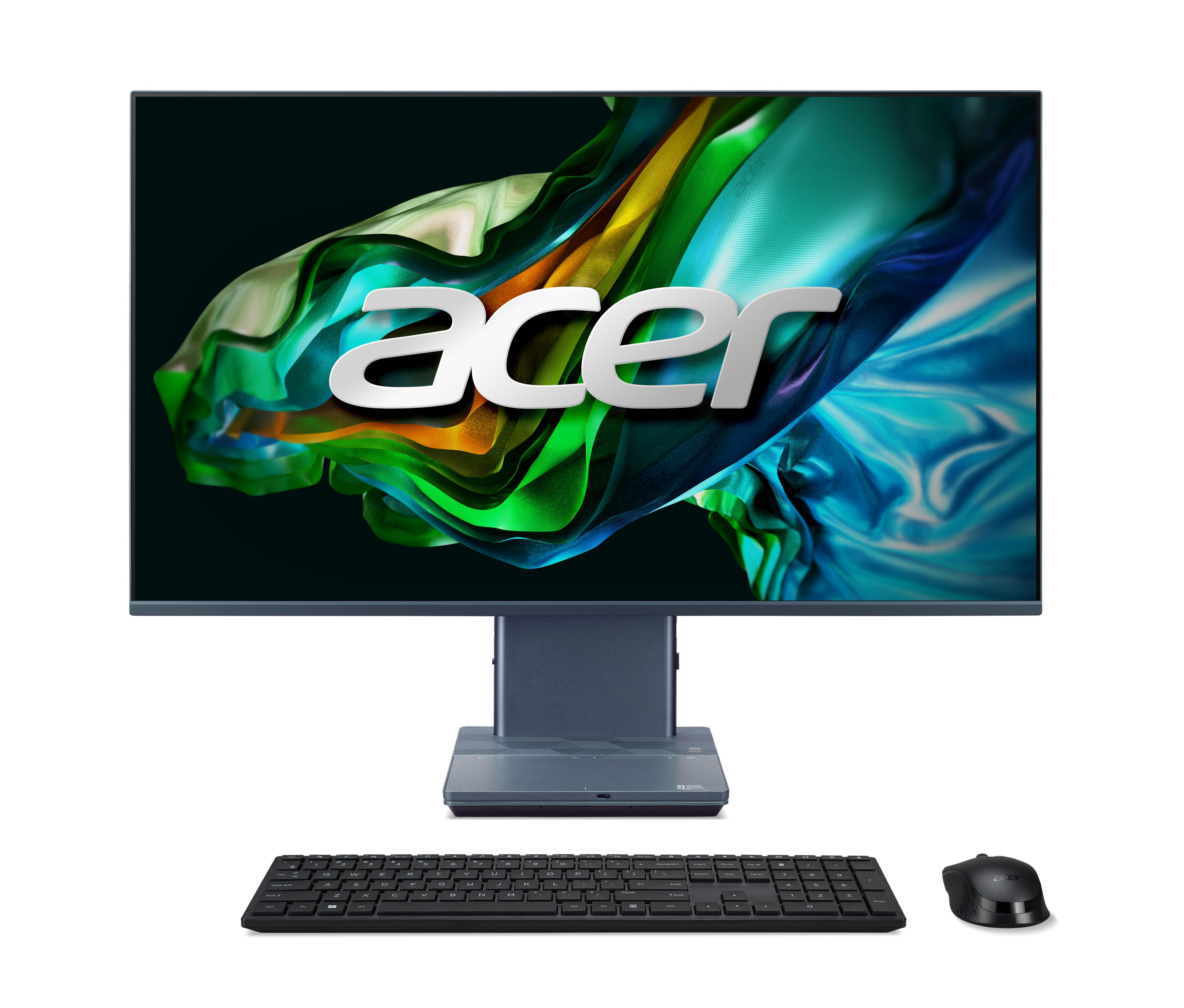 Monitor mit Tastatur und Maus. Der Bildschirm zeigt das Acer-Logo vor farbigem Hintergrund.