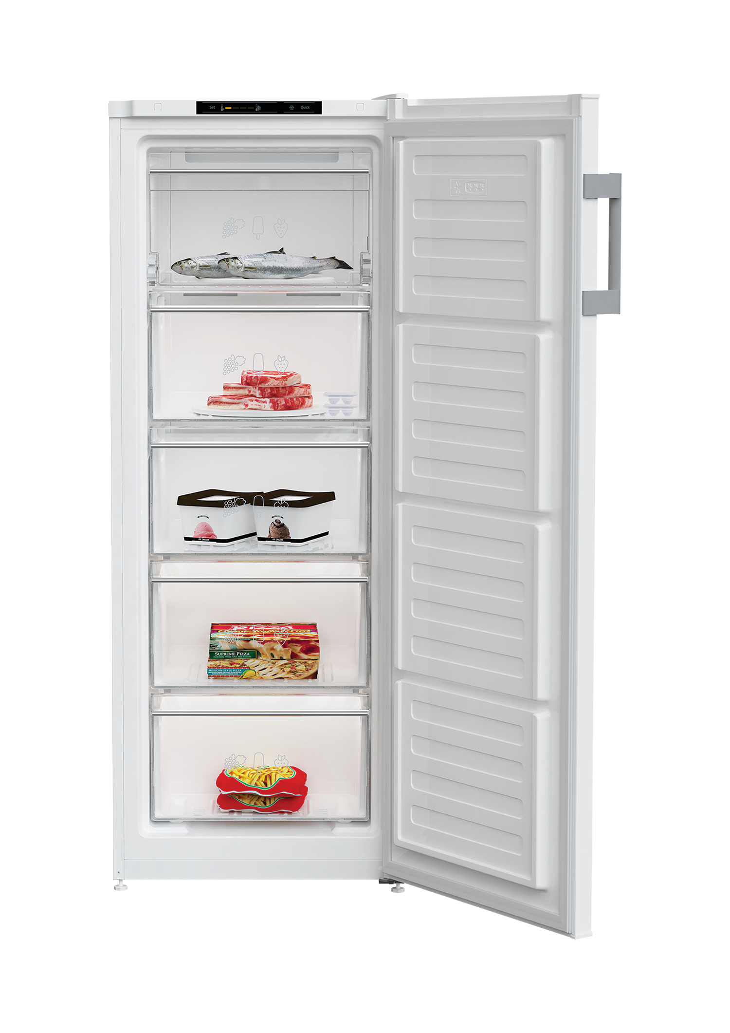 Weißer Kühlschrank mit offener Tür, zeigt Regale mit Lebensmitteln.