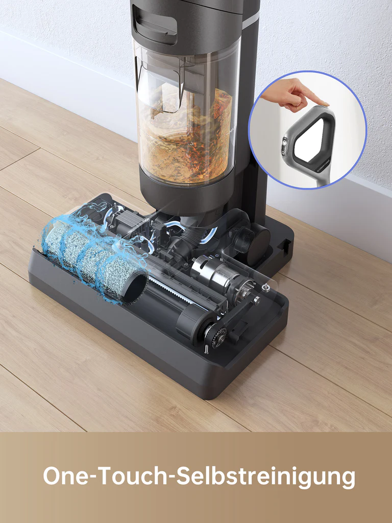 Ein Staubsauger mit transparentem Wassertank und Bürste. Eine Hand berührt einen Knopf. Der Text "One-Touch-Selbstreinigung" wird angezeigt.
