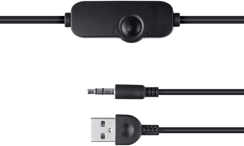 Fekete audiokábel hangerőszabályzóval, USB-vel és 3,5 mm-es jack csatlakozóval.
