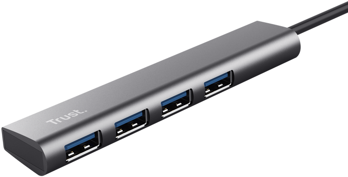 Ezüst USB hub négy porttal és fekete kábellel. A Trust logó látható.