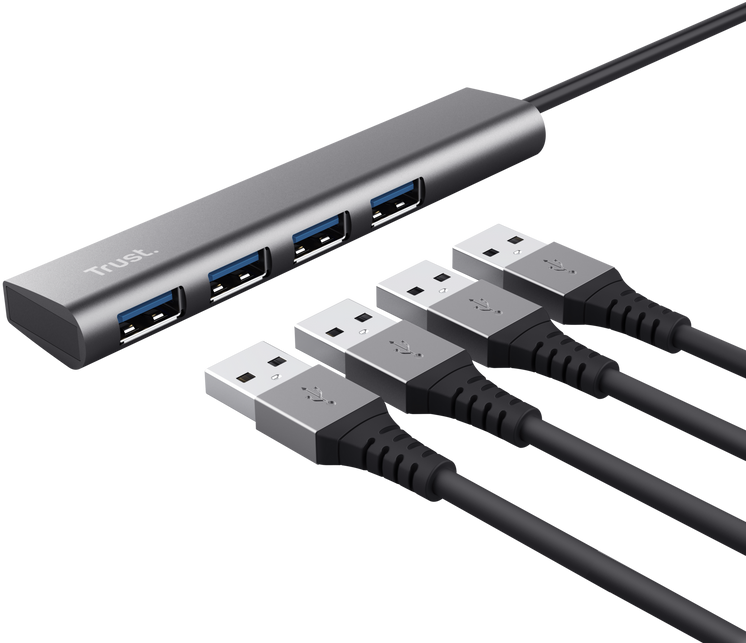 USB hub négy porttal és négy USB kábellel.