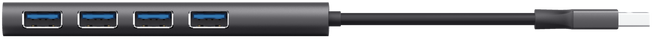 Egy fekete-szürke USB hub, négy USB porttal és egy csatlakoztatott kábellel.