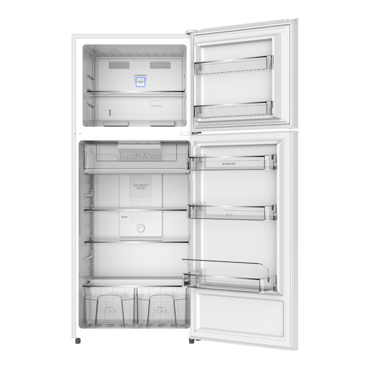 Un refrigerador blanco con ambas puertas abiertas, revelando estantes, cajones y compartimentos.