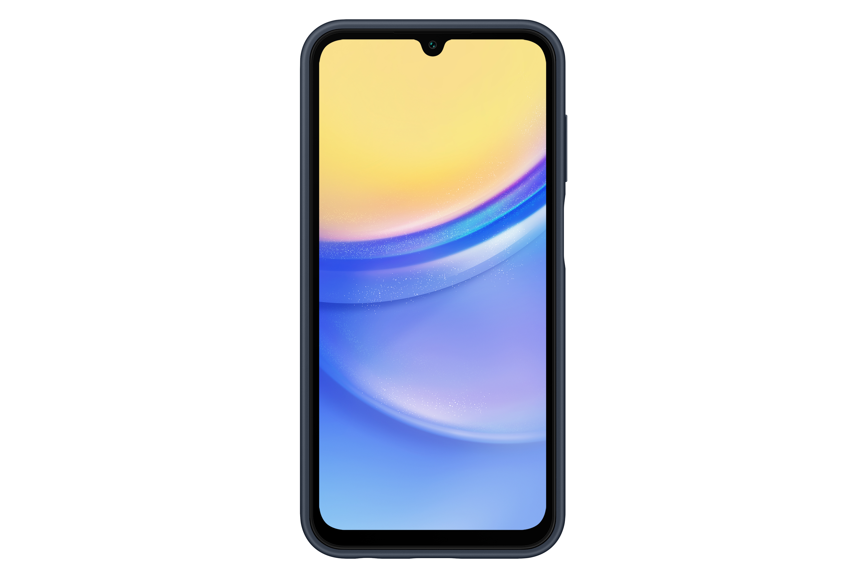 Un smartphone con carcasa azul. La pantalla tiene un degradado amarillo y azul.