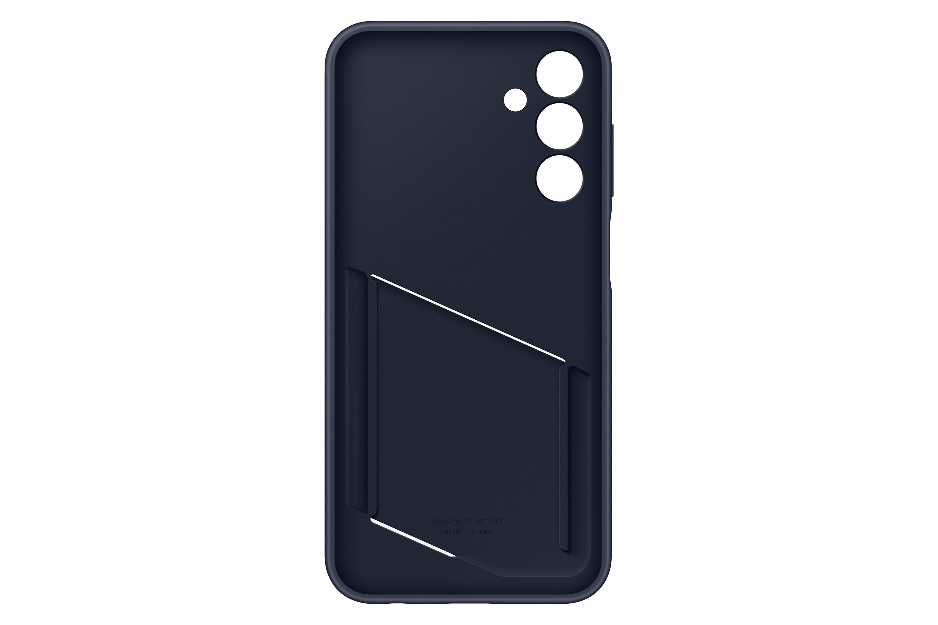 Funda de teléfono azul oscuro con ranura para tarjetas. La funda tiene un recorte para la cámara.