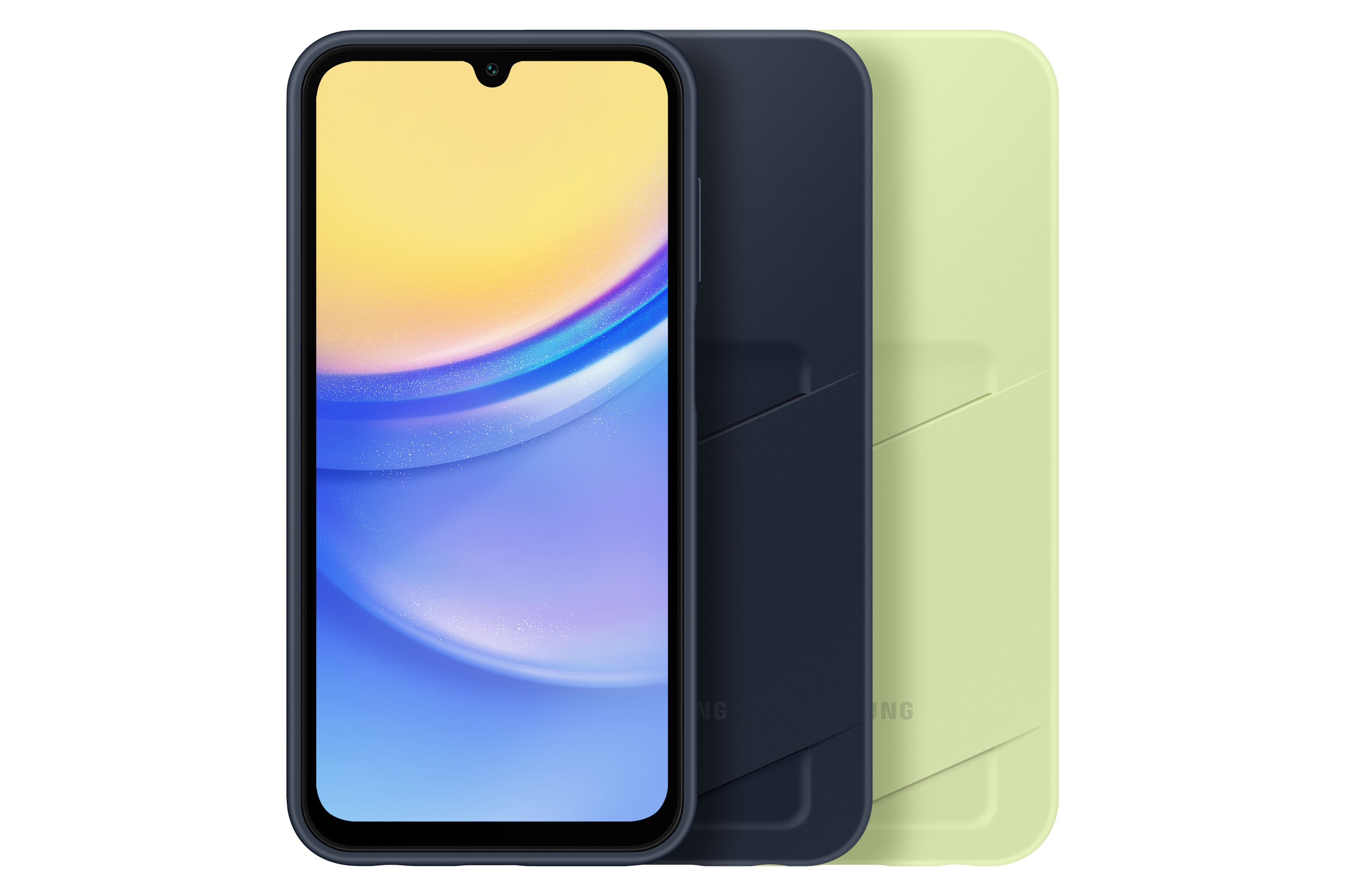 Smartphone con carcasa trasera amarillo claro y funda azul oscuro. Pantalla encendida. Fondo blanco.